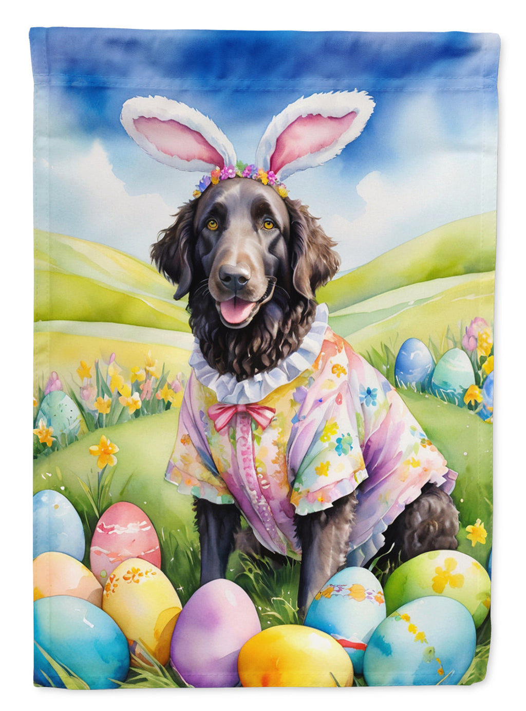 Curly-Coated Retriever Easter Egg Hunt House Flag 28x40 Porch Sleeve Pole Decorative Outside Yard Banner Artwork Wall Hanging, Polyester