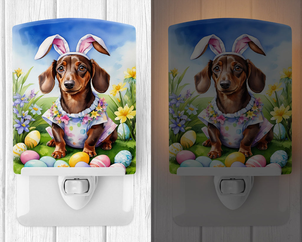 Dachshund Easter Egg Hunt Ceramic Night Light Compact, UL-Certified, Ideal for Bedroom, Bathroom, Nursery, Hallway, Kitchen, 6x4x3, Multicolor