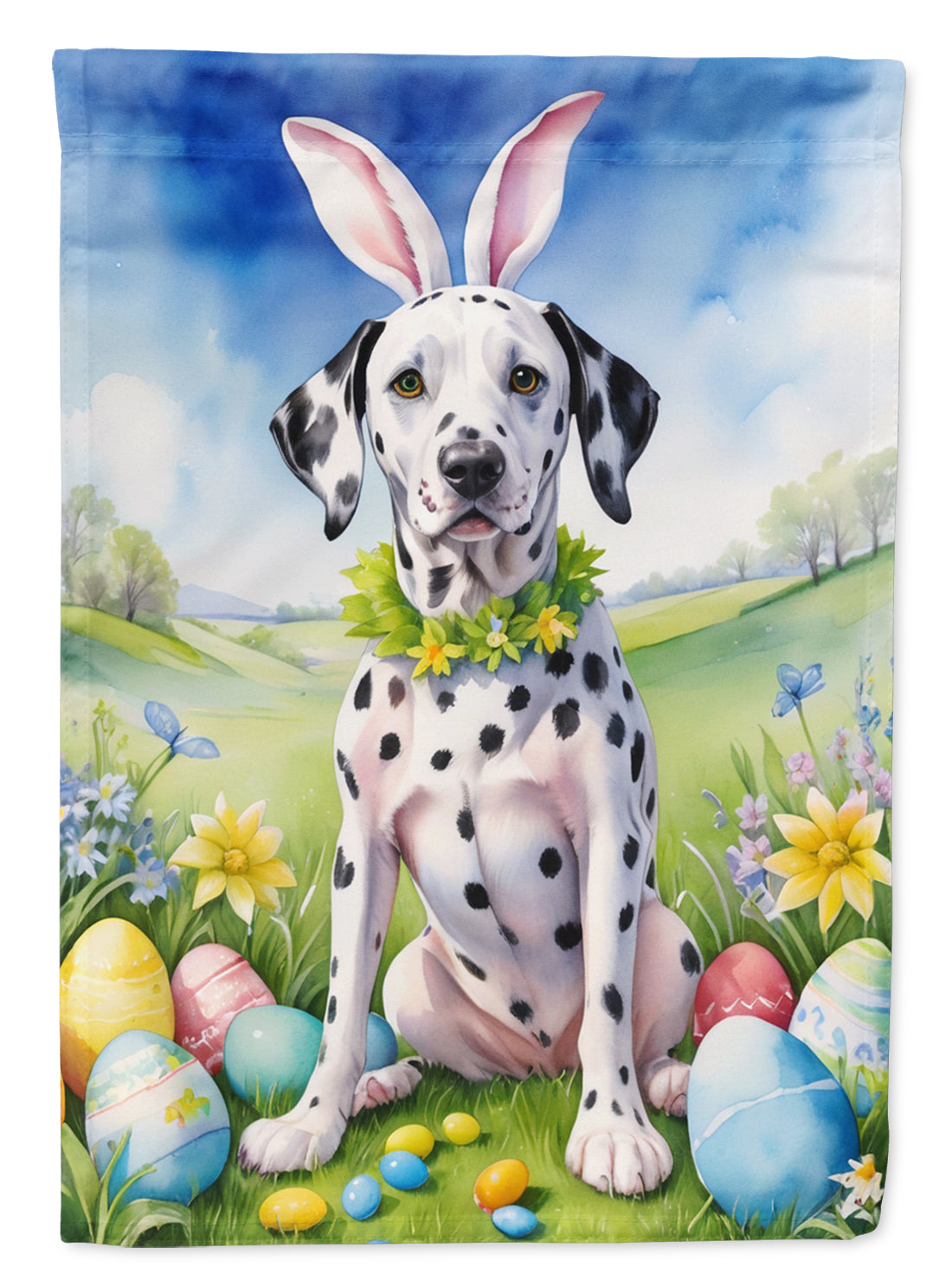 Dalmatian Easter Egg Hunt House Flag 28x40 Porch Sleeve Pole Decorative Outside Yard Banner Artwork Wall Hanging, Polyester