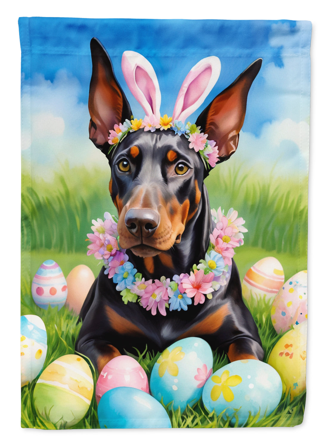 Doberman Pinscher Easter Egg Hunt House Flag 28x40 Porch Sleeve Pole Decorative Outside Yard Banner Artwork Wall Hanging, Polyester