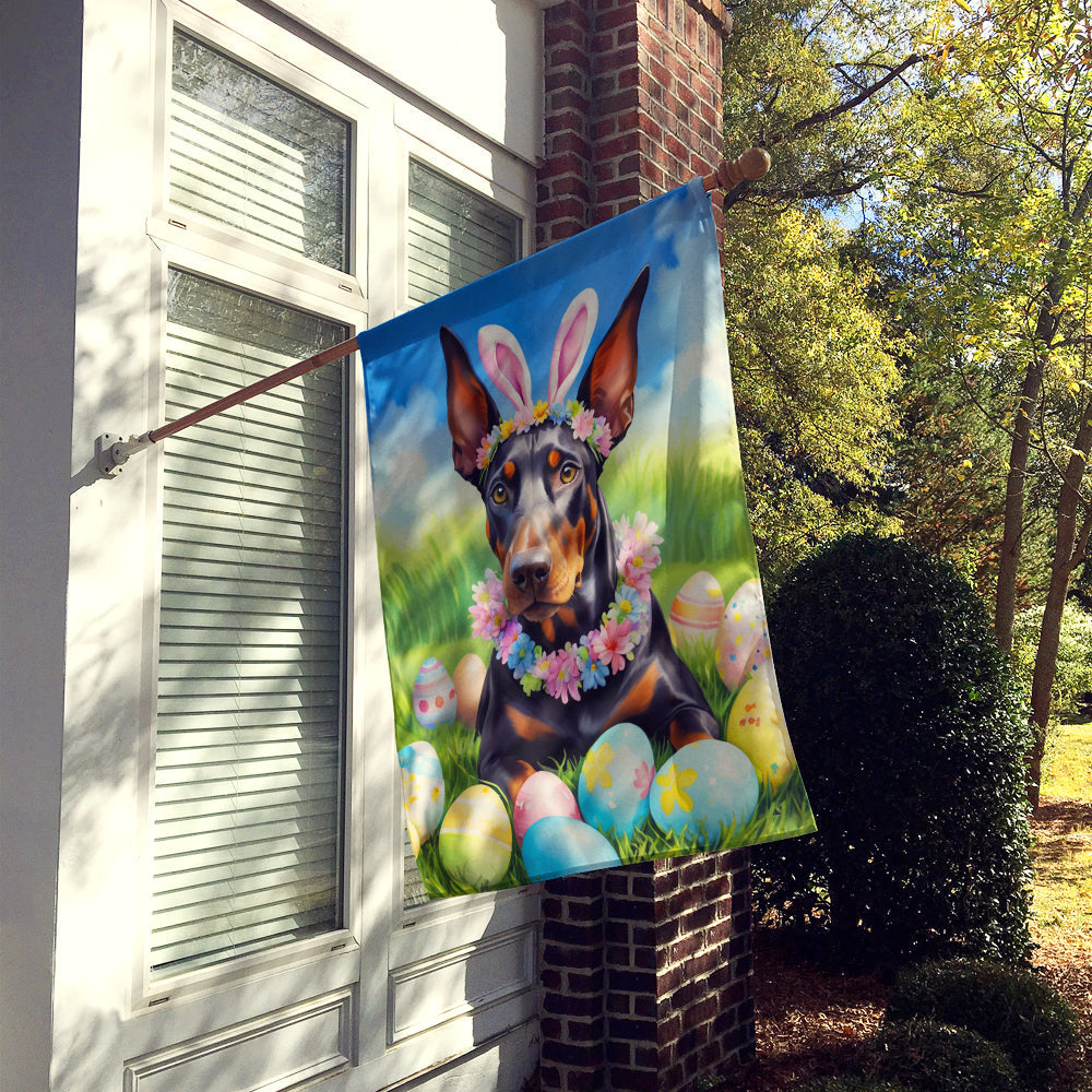 Doberman Pinscher Easter Egg Hunt House Flag 28x40 Porch Sleeve Pole Decorative Outside Yard Banner Artwork Wall Hanging, Polyester