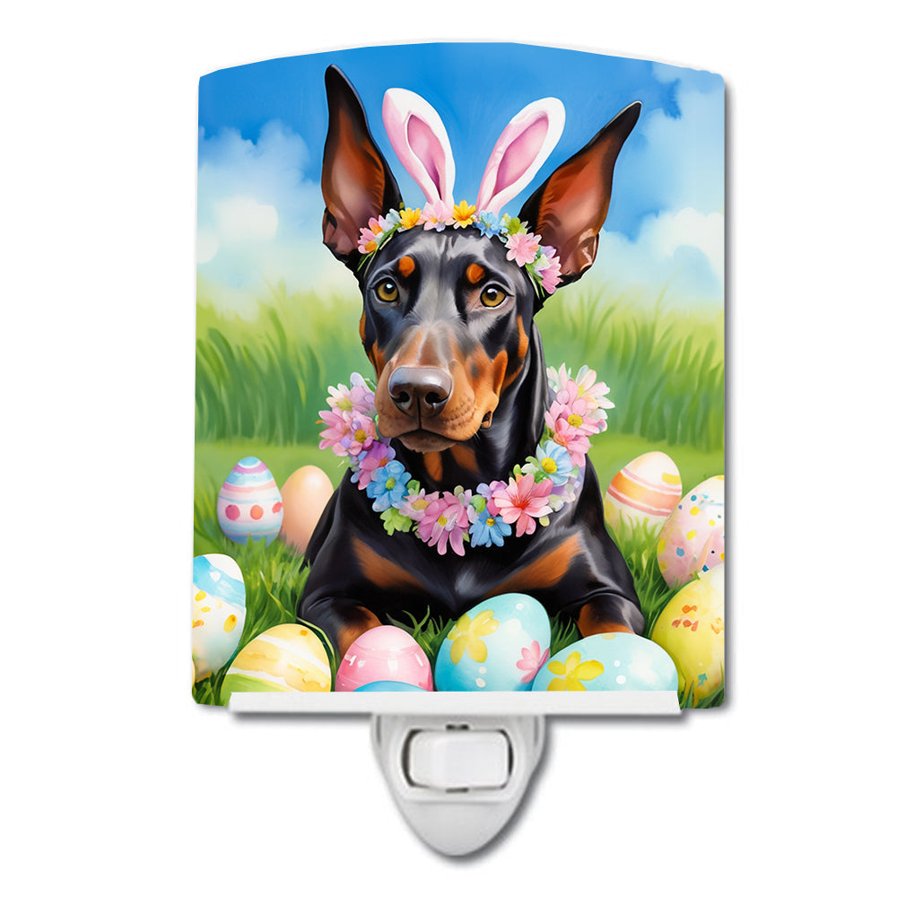 Doberman Pinscher Easter Egg Hunt Ceramic Night Light Compact, UL-Certified, Ideal for Bedroom, Bathroom, Nursery, Hallway, Kitchen, 6x4x3, Multicolor