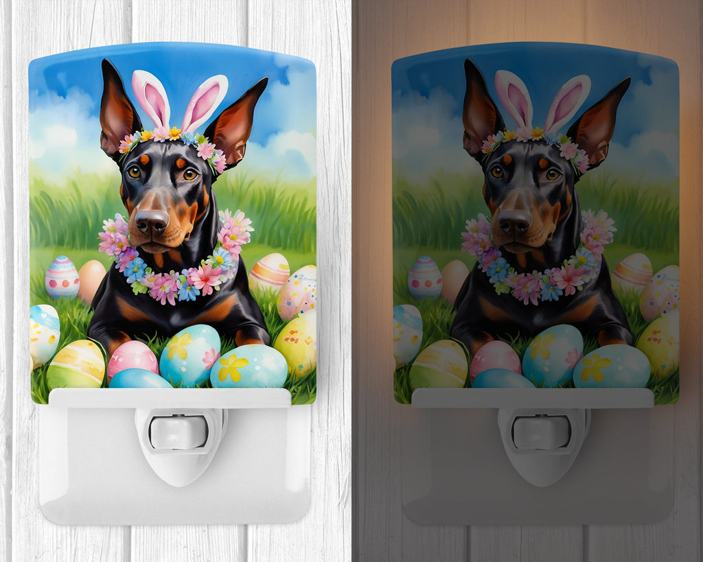 Doberman Pinscher Easter Egg Hunt Ceramic Night Light Compact, UL-Certified, Ideal for Bedroom, Bathroom, Nursery, Hallway, Kitchen, 6x4x3, Multicolor