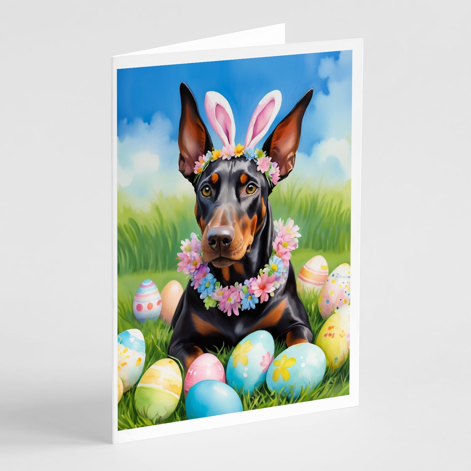 Doberman Pinscher Easter Egg Hunt Greeting Cards Pack of 8 Blank Cards with Envelopes Whimsical A7 Size 5x7