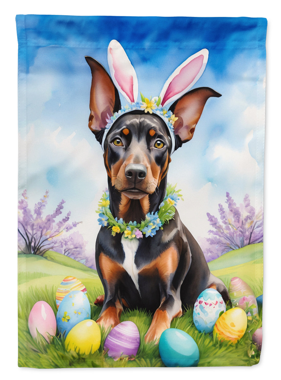 Doberman Pinscher Easter Egg Hunt House Flag 28x40 Porch Sleeve Pole Decorative Outside Yard Banner Artwork Wall Hanging, Polyester