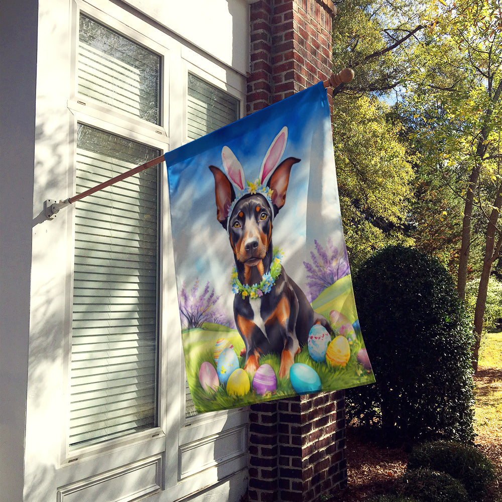 Doberman Pinscher Easter Egg Hunt House Flag 28x40 Porch Sleeve Pole Decorative Outside Yard Banner Artwork Wall Hanging, Polyester