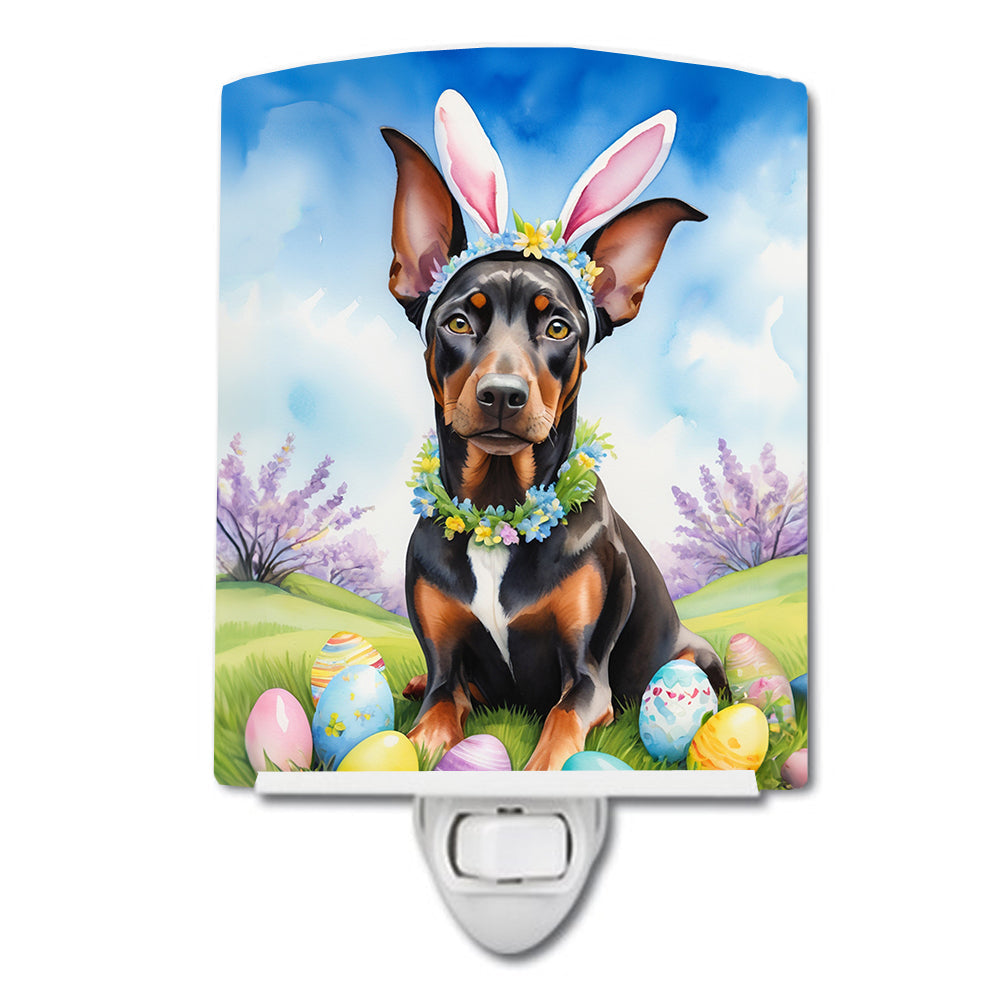 Doberman Pinscher Easter Egg Hunt Ceramic Night Light Compact, UL-Certified, Ideal for Bedroom, Bathroom, Nursery, Hallway, Kitchen, 6x4x3, Multicolor