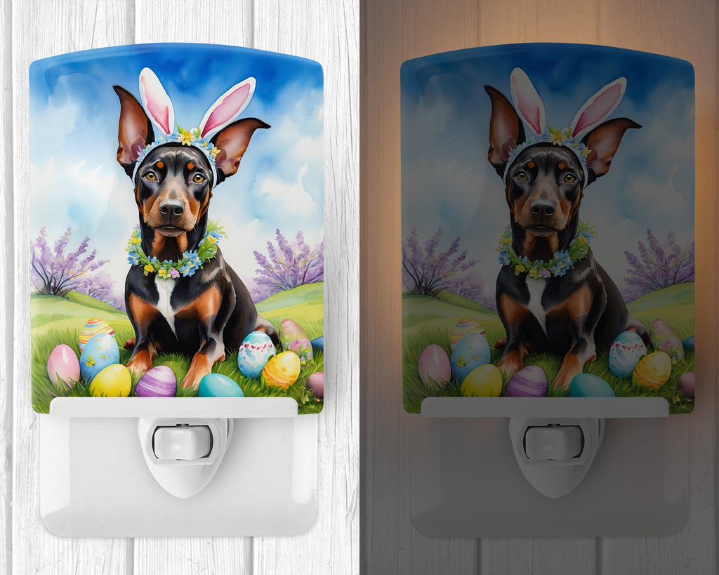 Doberman Pinscher Easter Egg Hunt Ceramic Night Light Compact, UL-Certified, Ideal for Bedroom, Bathroom, Nursery, Hallway, Kitchen, 6x4x3, Multicolor