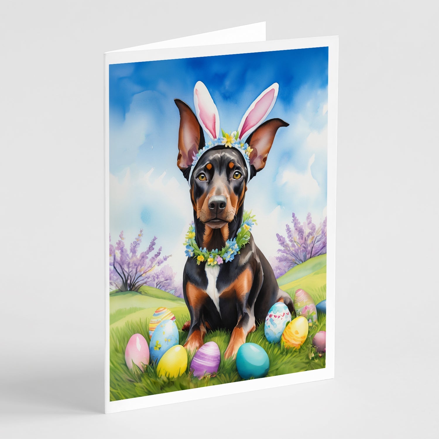 Doberman Pinscher Easter Egg Hunt Greeting Cards Pack of 8 Blank Cards with Envelopes Whimsical A7 Size 5x7