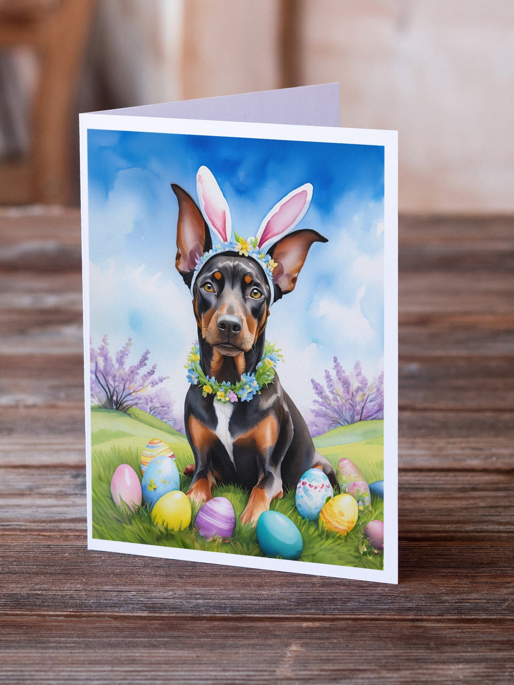 Doberman Pinscher Easter Egg Hunt Greeting Cards Pack of 8 Blank Cards with Envelopes Whimsical A7 Size 5x7