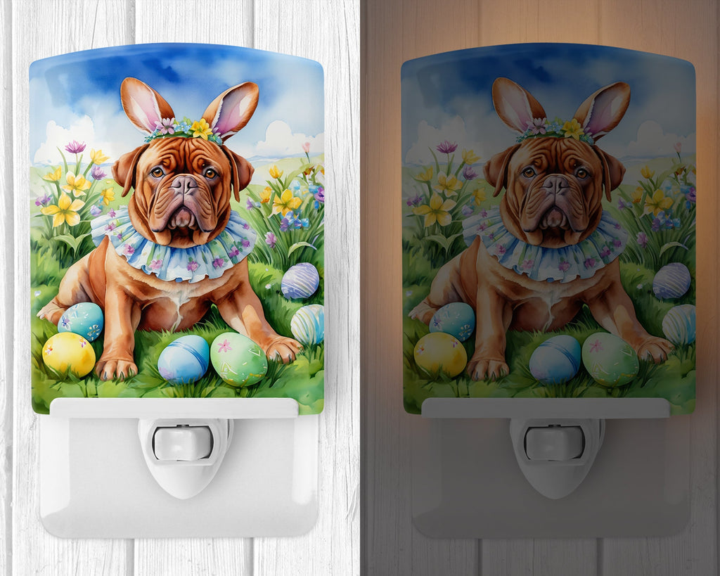 Dogue de Bordeaux Easter Egg Hunt Ceramic Night Light Compact, UL-Certified, Ideal for Bedroom, Bathroom, Nursery, Hallway, Kitchen, 6x4x3, Multicolor