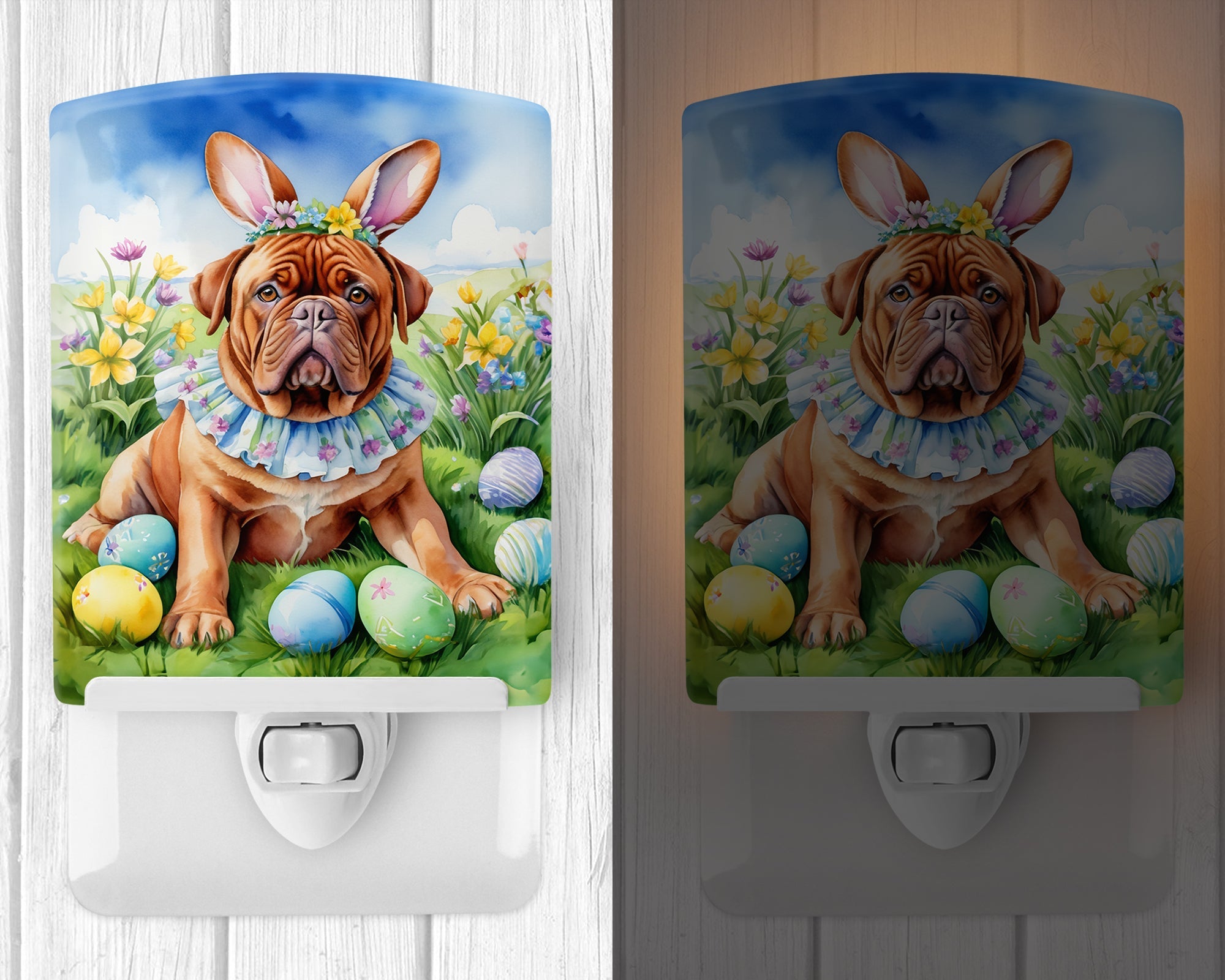 Dogue de Bordeaux Easter Egg Hunt Ceramic Night Light Compact, UL-Certified, Ideal for Bedroom, Bathroom, Nursery, Hallway, Kitchen, 6x4x3, Multicolor