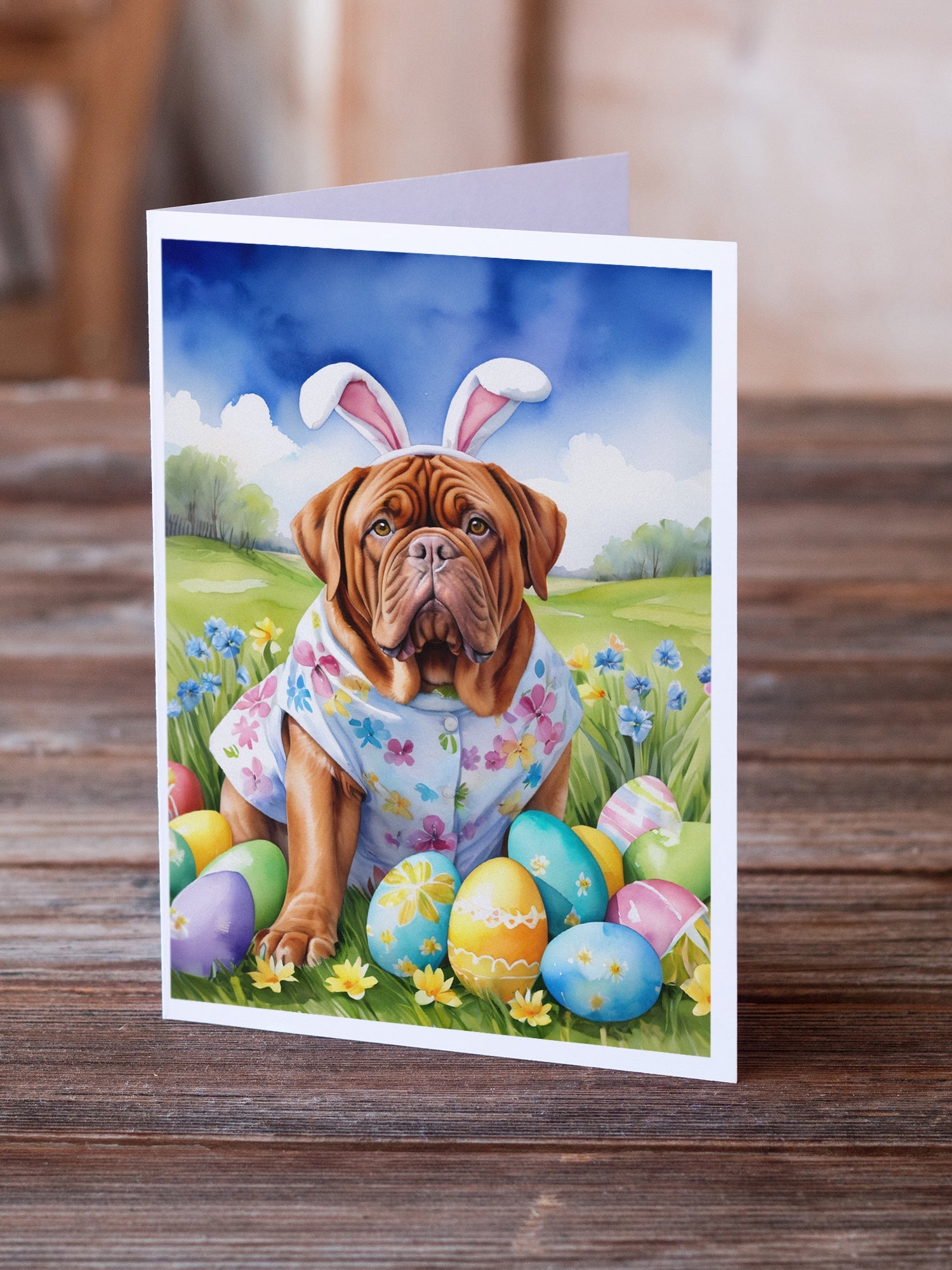 Dogue de Bordeaux Easter Egg Hunt Greeting Cards Pack of 8 Blank Cards with Envelopes Whimsical A7 Size 5x7