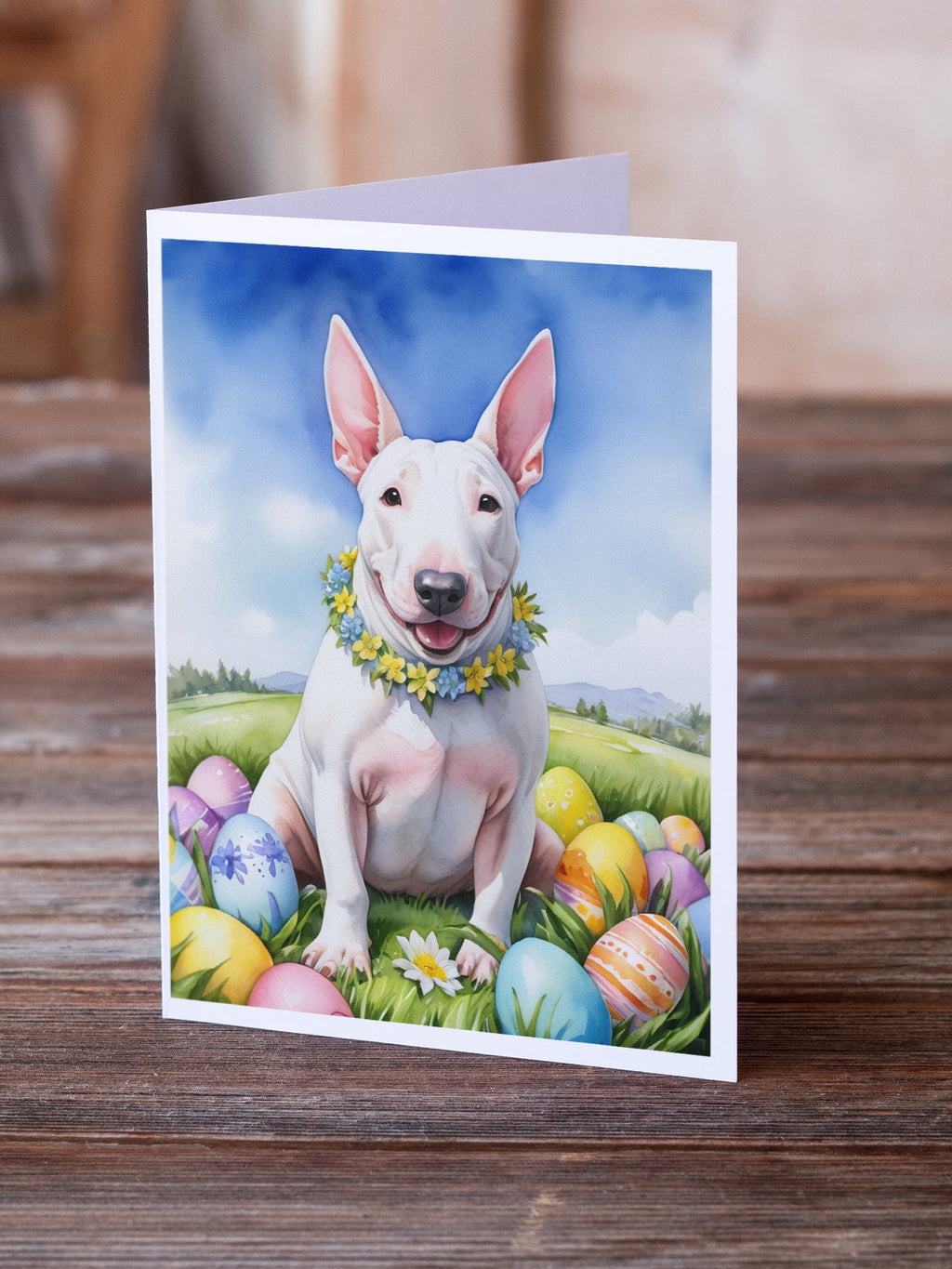 English Bull Terrier Easter Egg Hunt Greeting Cards Pack of 8 Blank Cards with Envelopes Whimsical A7 Size 5x7