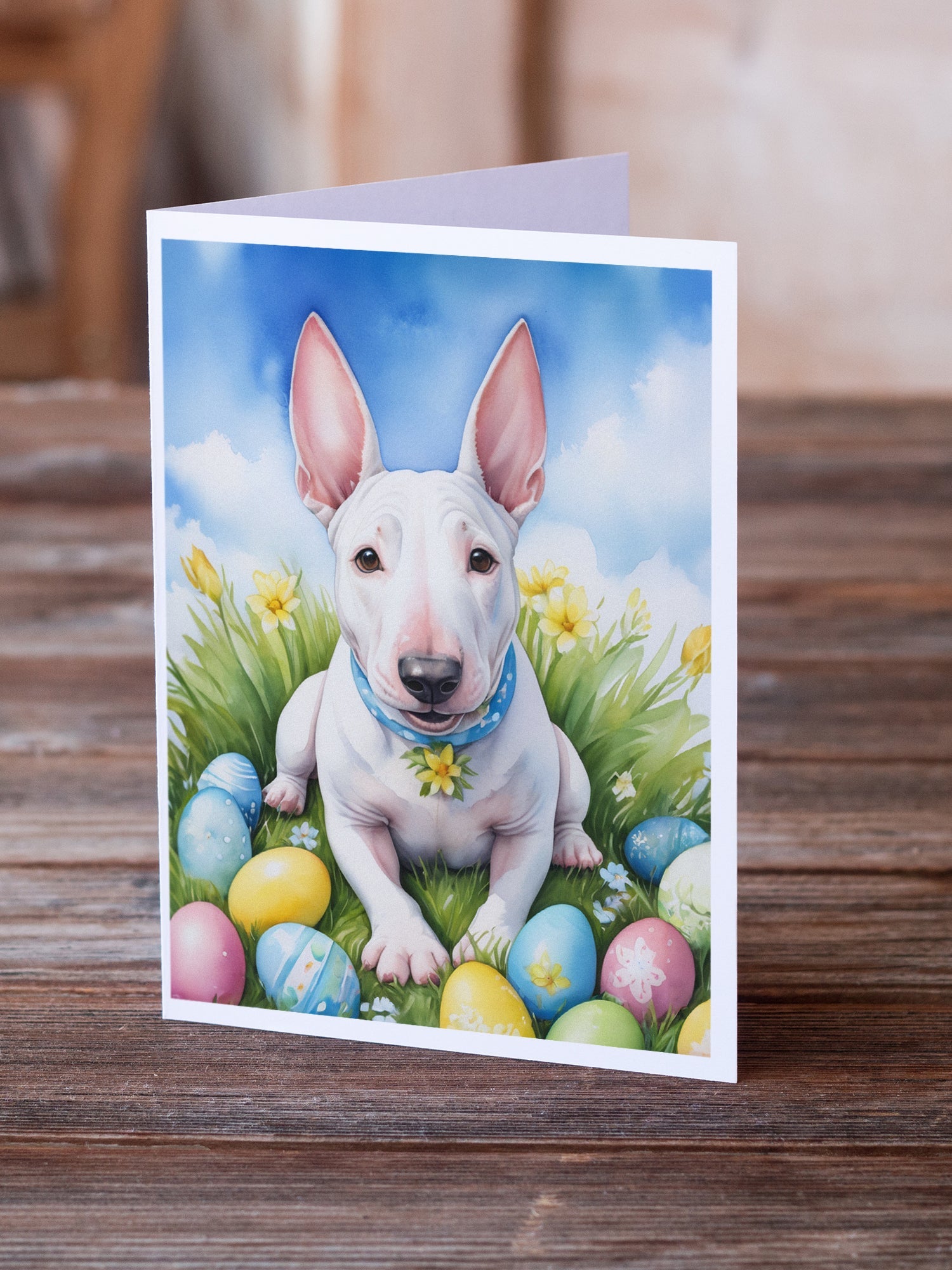 English Bull Terrier Easter Egg Hunt Greeting Cards Pack of 8 Blank Cards with Envelopes Whimsical A7 Size 5x7