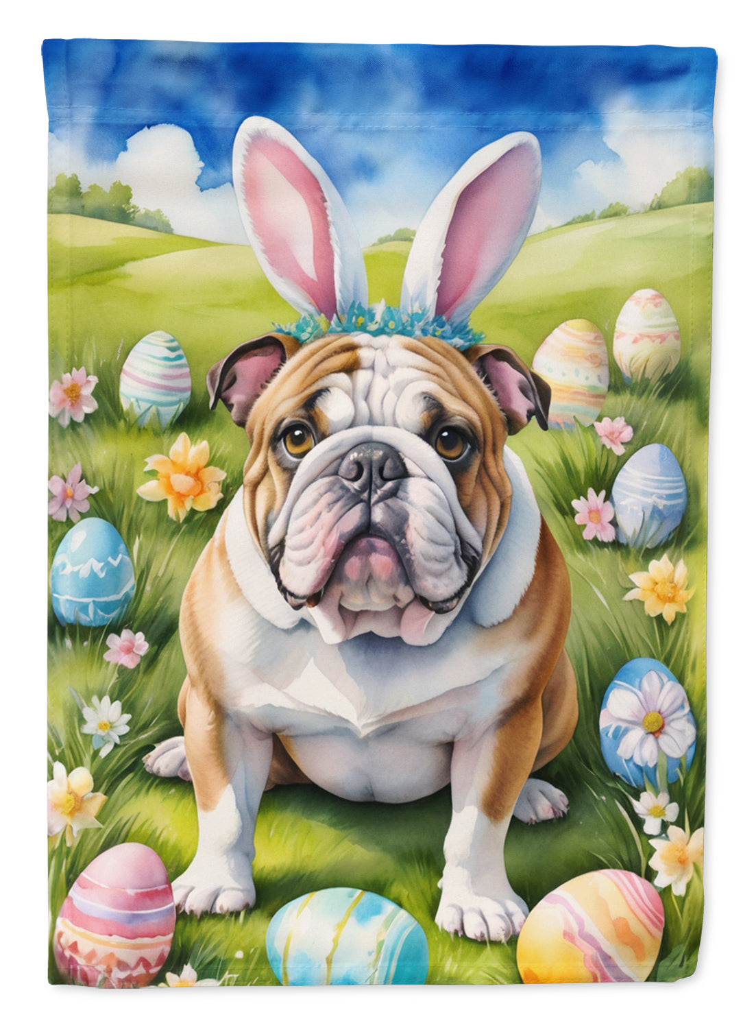 English Bulldog Easter Egg Hunt House Flag 28x40 Porch Sleeve Pole Decorative Outside Yard Banner Artwork Wall Hanging, Polyester