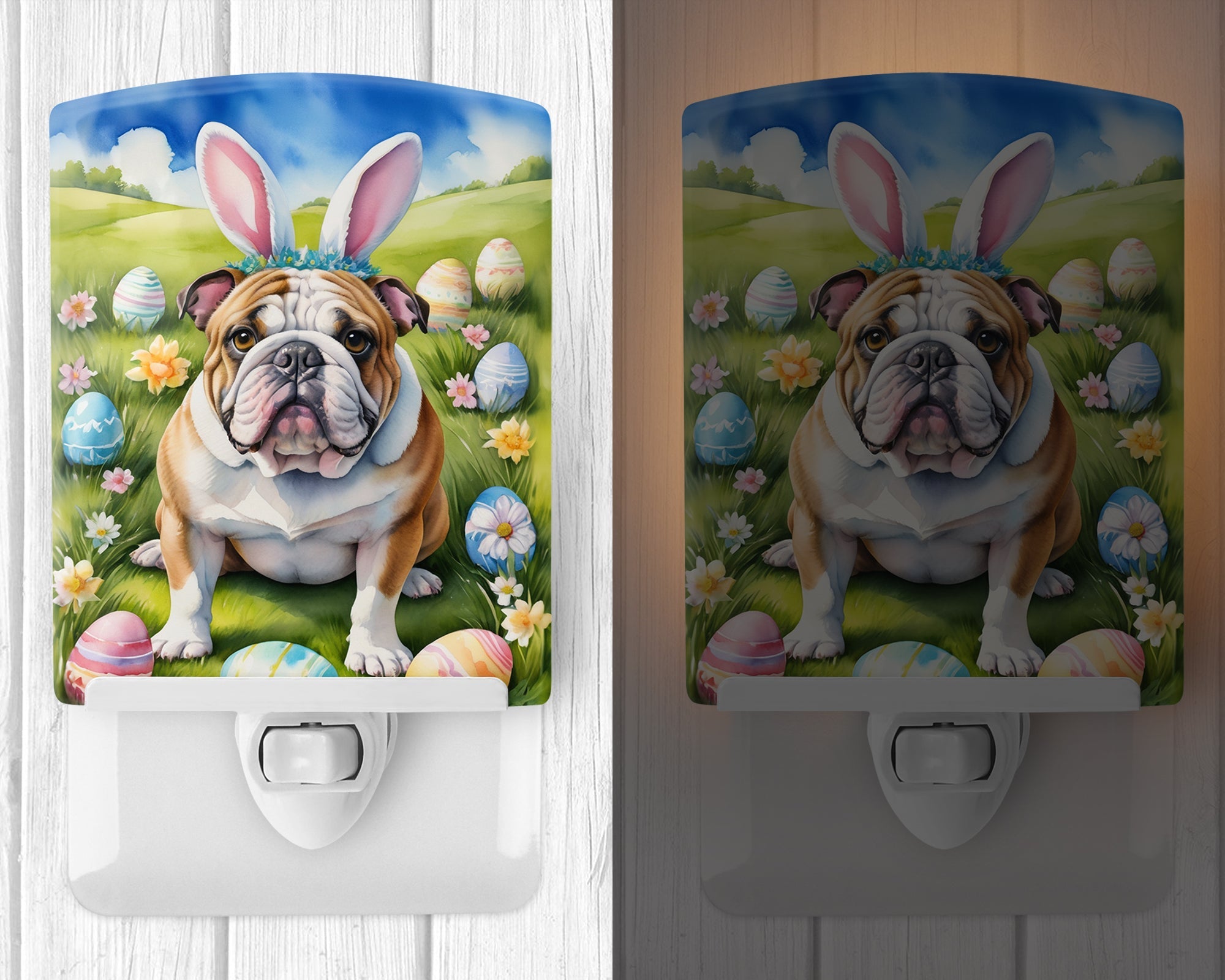 English Bulldog Easter Egg Hunt Ceramic Night Light Compact, UL-Certified, Ideal for Bedroom, Bathroom, Nursery, Hallway, Kitchen, 6x4x3, Multicolor