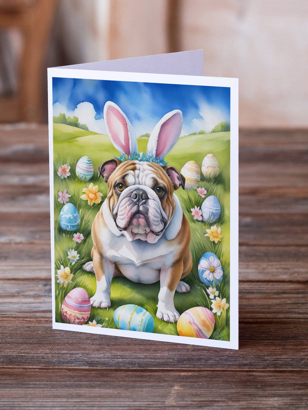 English Bulldog Easter Egg Hunt Greeting Cards Pack of 8 Blank Cards with Envelopes Whimsical A7 Size 5x7