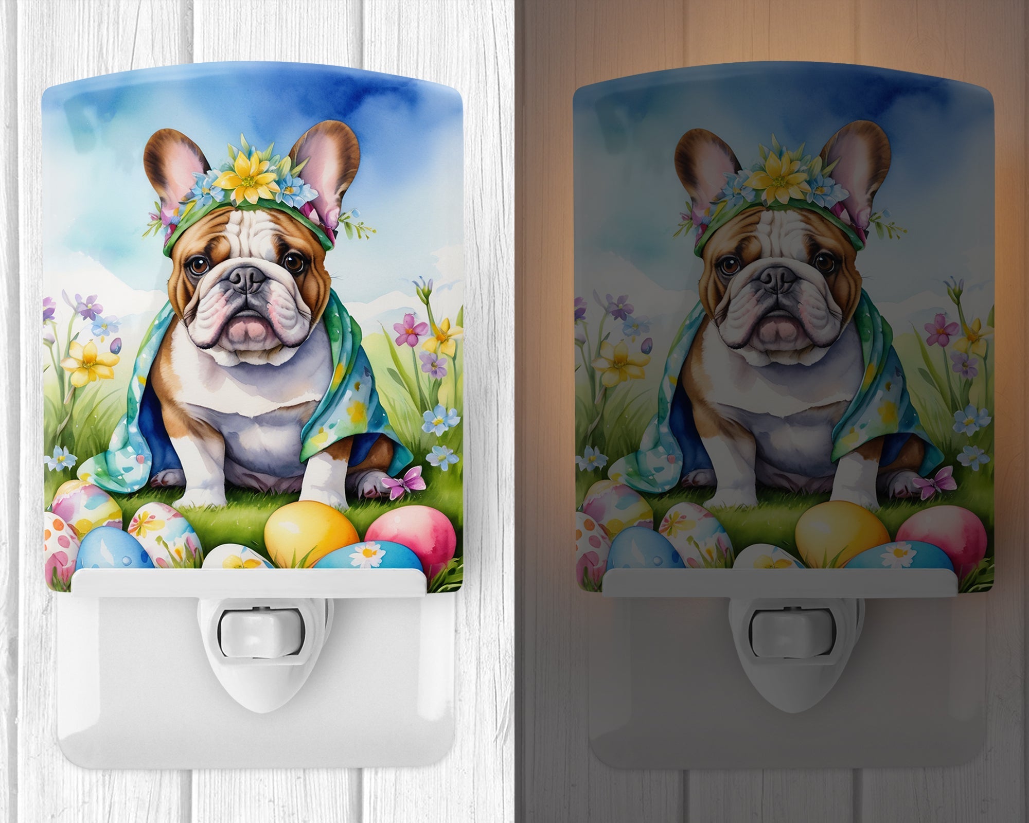 English Bulldog Easter Egg Hunt Ceramic Night Light Compact, UL-Certified, Ideal for Bedroom, Bathroom, Nursery, Hallway, Kitchen, 6x4x3, Multicolor