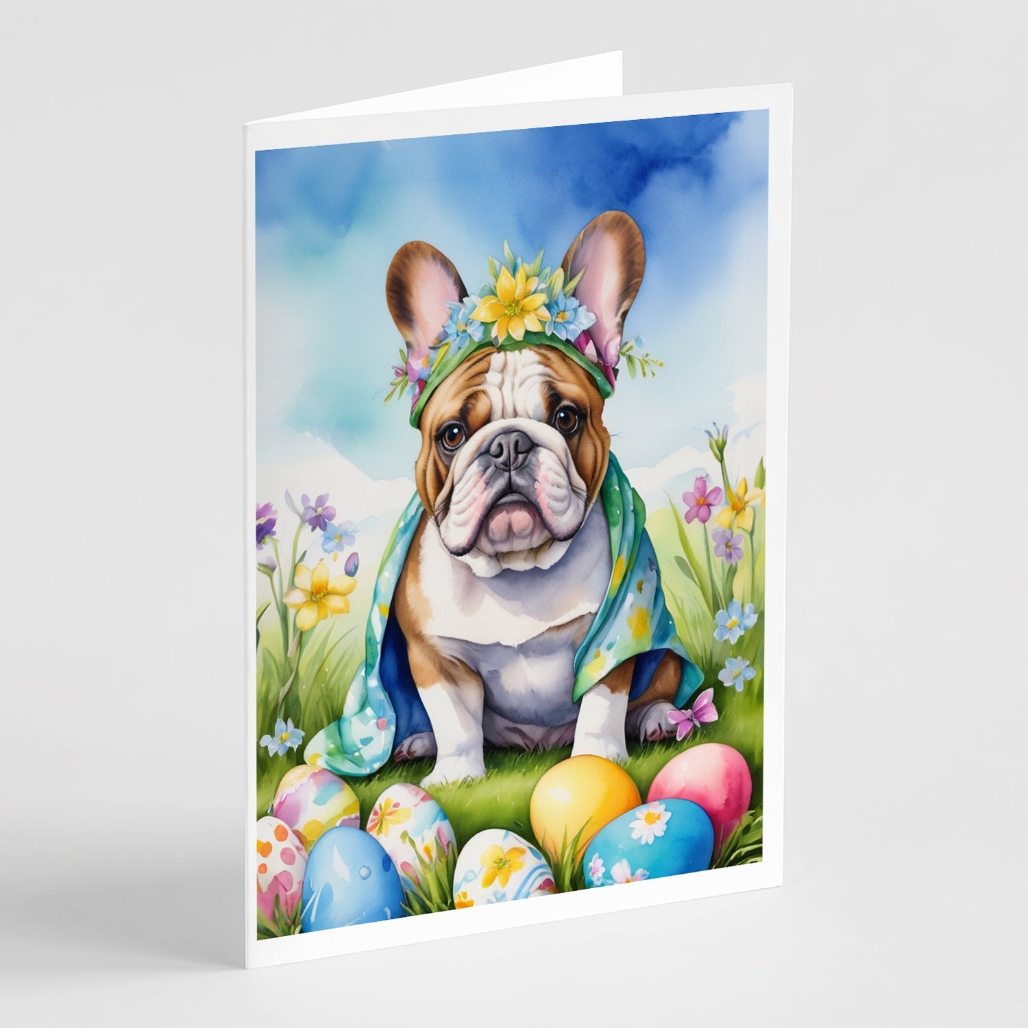 English Bulldog Easter Egg Hunt Greeting Cards Pack of 8 Blank Cards with Envelopes Whimsical A7 Size 5x7