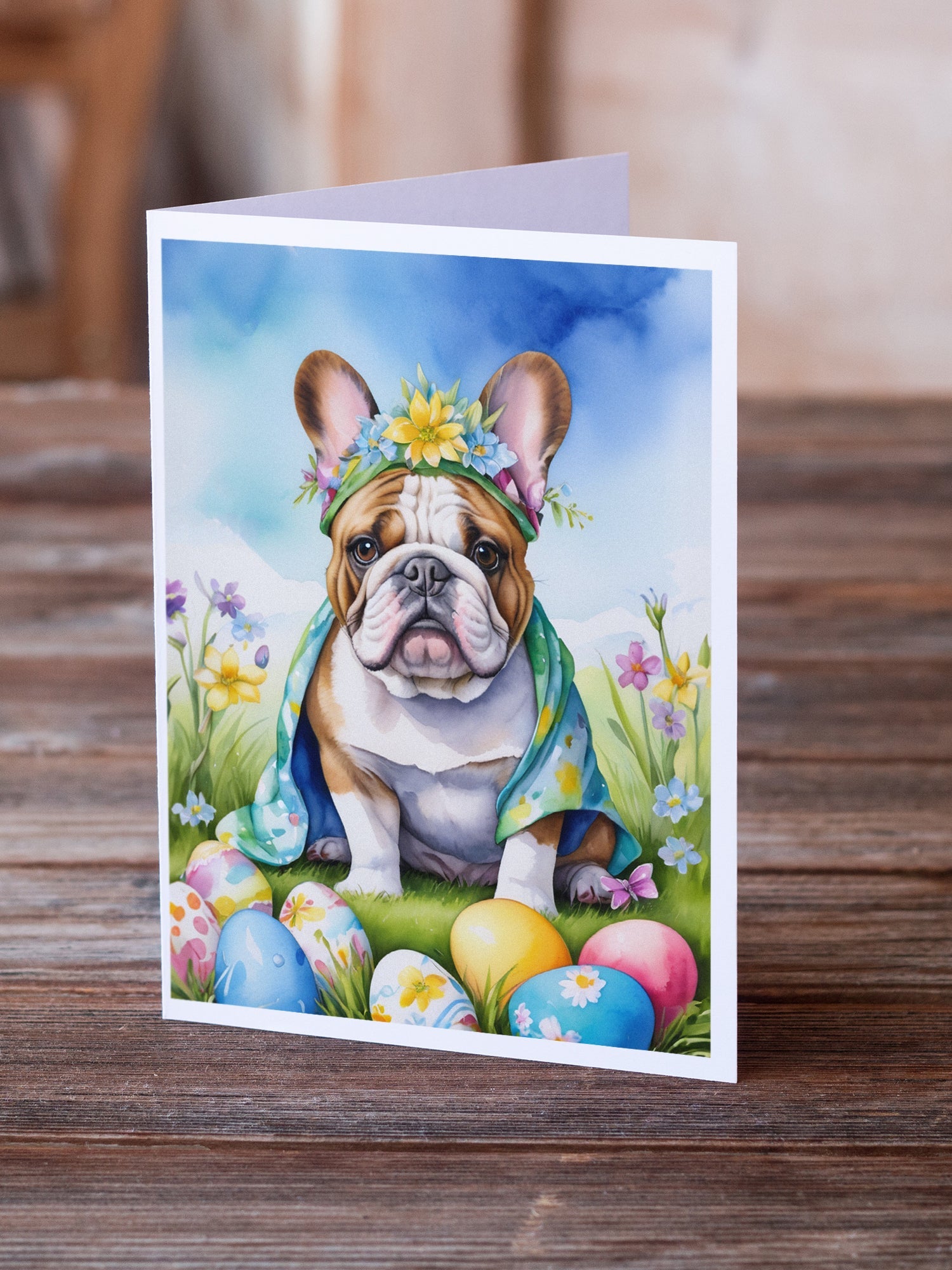 English Bulldog Easter Egg Hunt Greeting Cards Pack of 8 Blank Cards with Envelopes Whimsical A7 Size 5x7