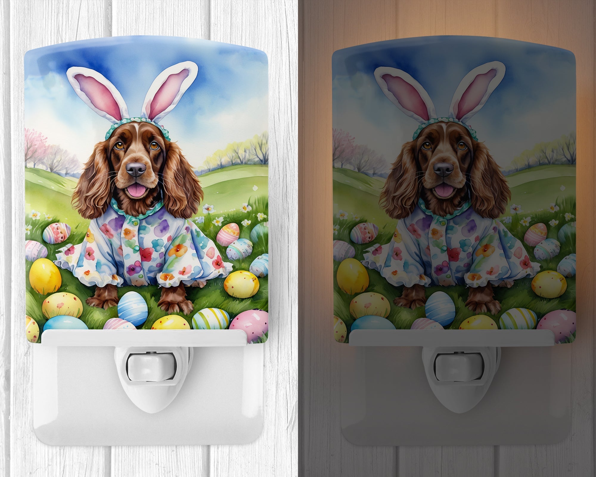 English Cocker Spaniel Easter Egg Hunt Ceramic Night Light Compact, UL-Certified, Ideal for Bedroom, Bathroom, Nursery, Hallway, Kitchen, 6x4x3, Multicolor