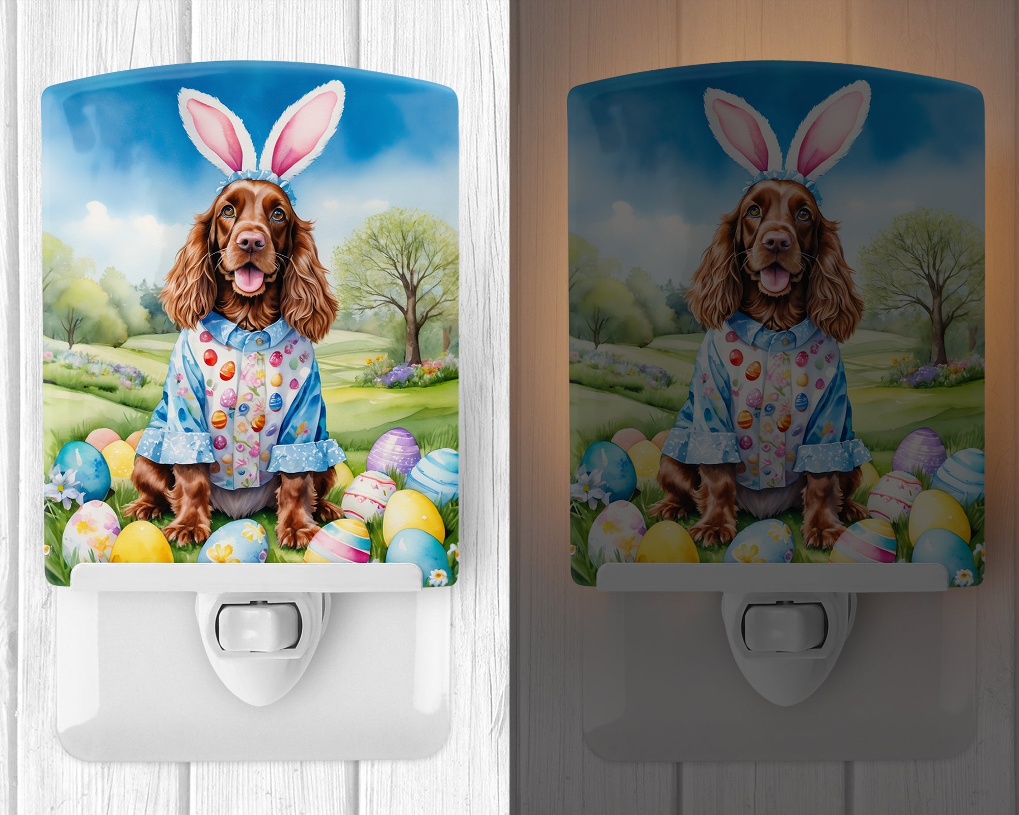 English Cocker Spaniel Easter Egg Hunt Ceramic Night Light Compact, UL-Certified, Ideal for Bedroom, Bathroom, Nursery, Hallway, Kitchen, 6x4x3, Multicolor