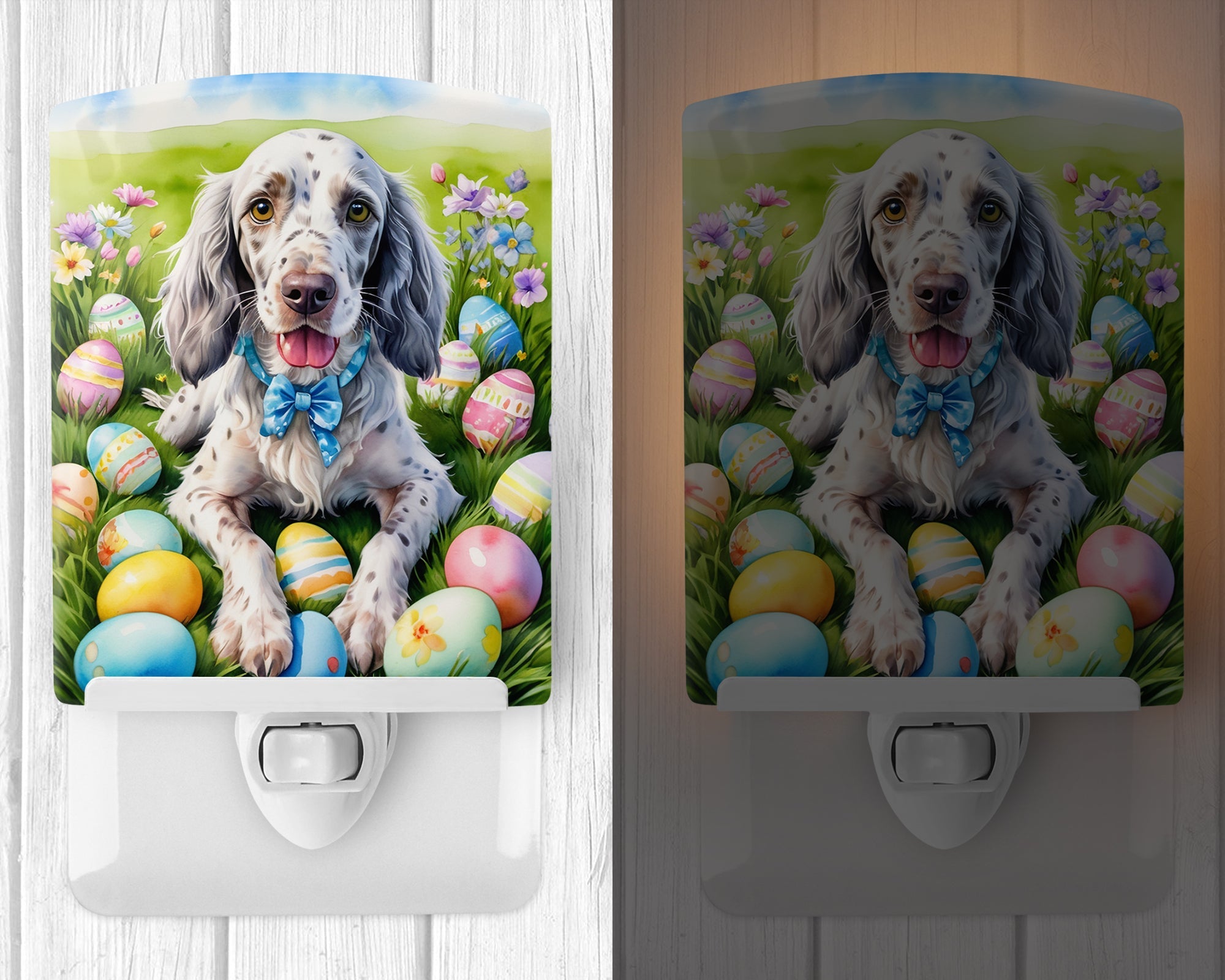 English Setter Easter Egg Hunt Ceramic Night Light Compact, UL-Certified, Ideal for Bedroom, Bathroom, Nursery, Hallway, Kitchen, 6x4x3, Multicolor