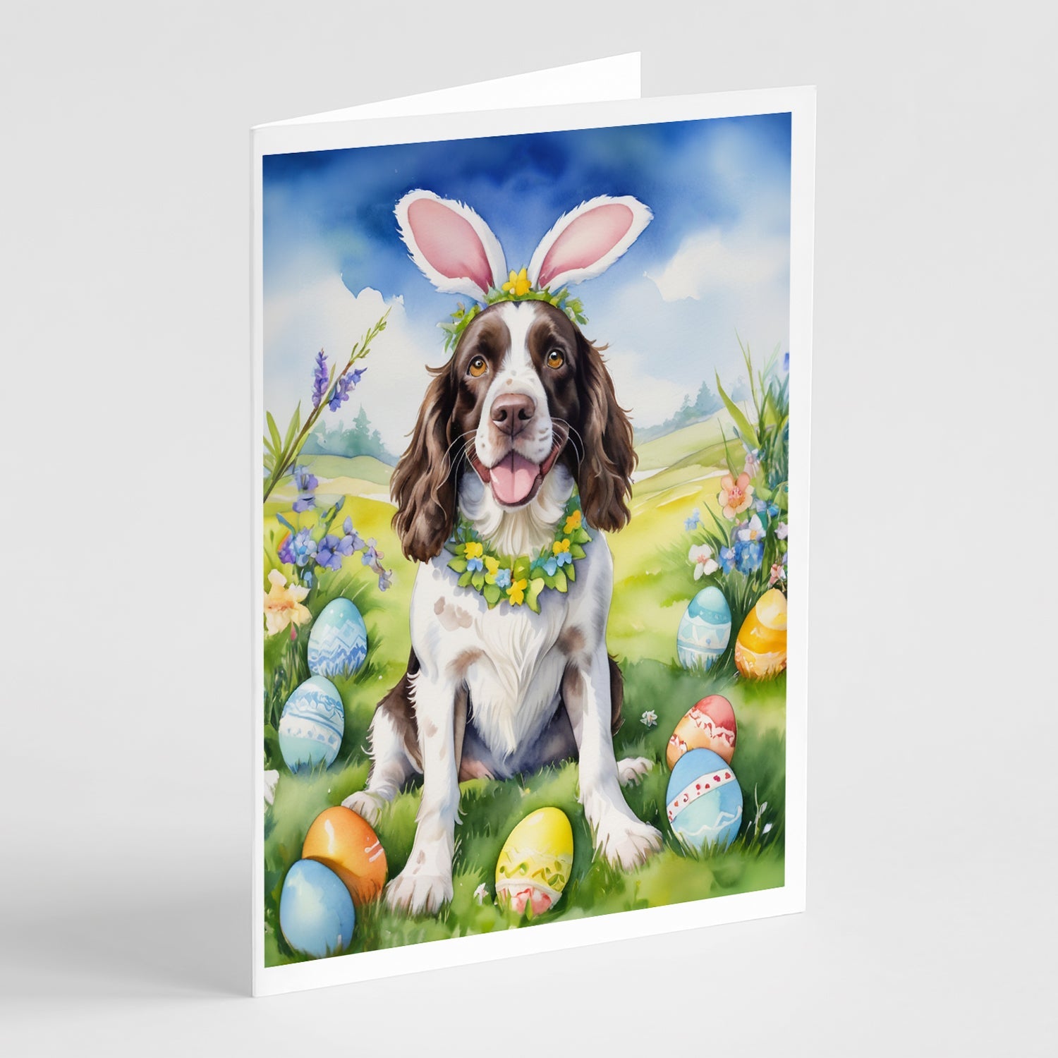 English Springer Spaniel Easter Egg Hunt Greeting Cards Pack of 8 Blank Cards with Envelopes Whimsical A7 Size 5x7