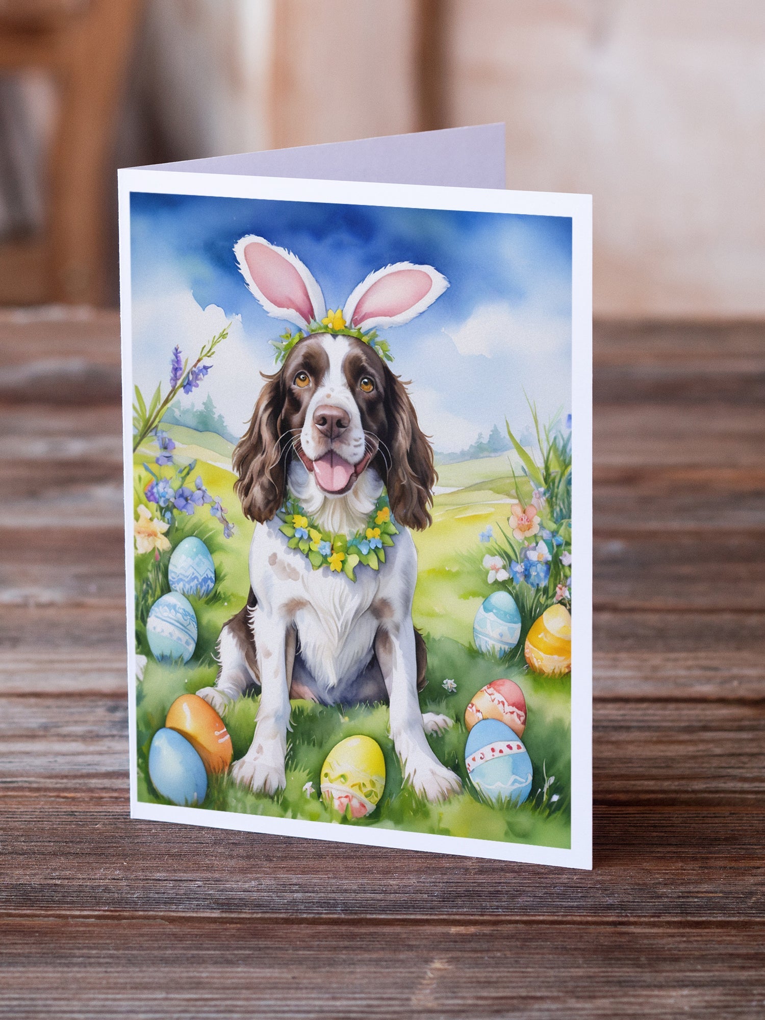 English Springer Spaniel Easter Egg Hunt Greeting Cards Pack of 8 Blank Cards with Envelopes Whimsical A7 Size 5x7