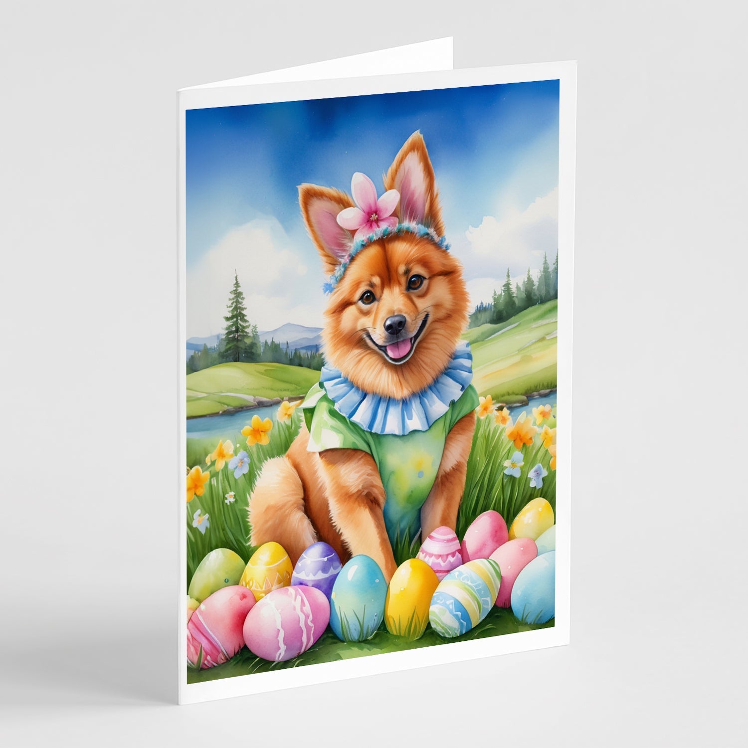 Finnish Spitz Easter Egg Hunt Greeting Cards Pack of 8 Blank Cards with Envelopes Whimsical A7 Size 5x7