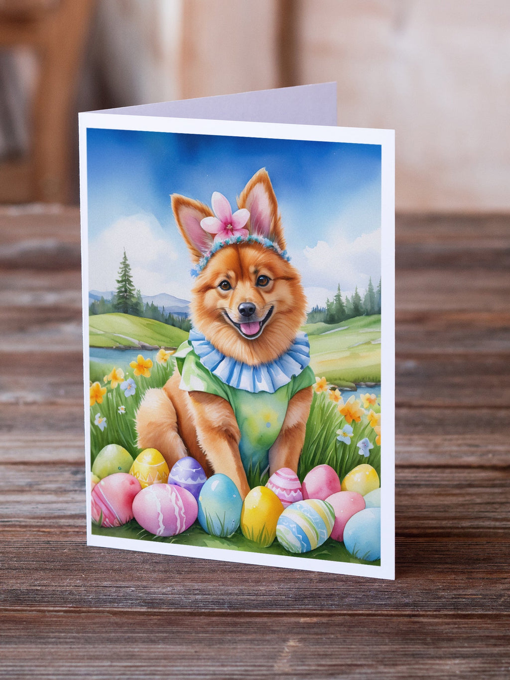 Finnish Spitz Easter Egg Hunt Greeting Cards Pack of 8 Blank Cards with Envelopes Whimsical A7 Size 5x7