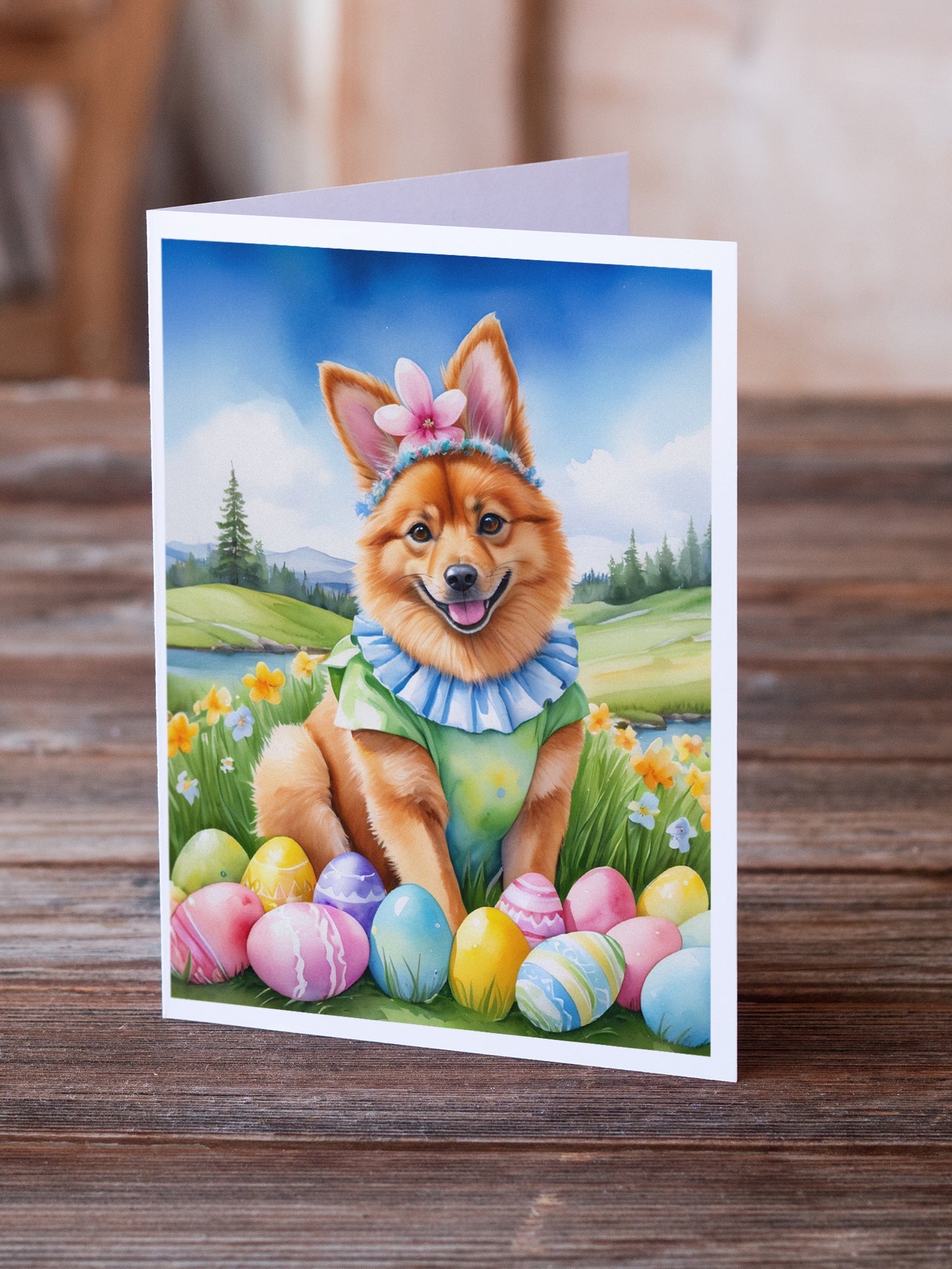 Finnish Spitz Easter Egg Hunt Greeting Cards Pack of 8 Blank Cards with Envelopes Whimsical A7 Size 5x7