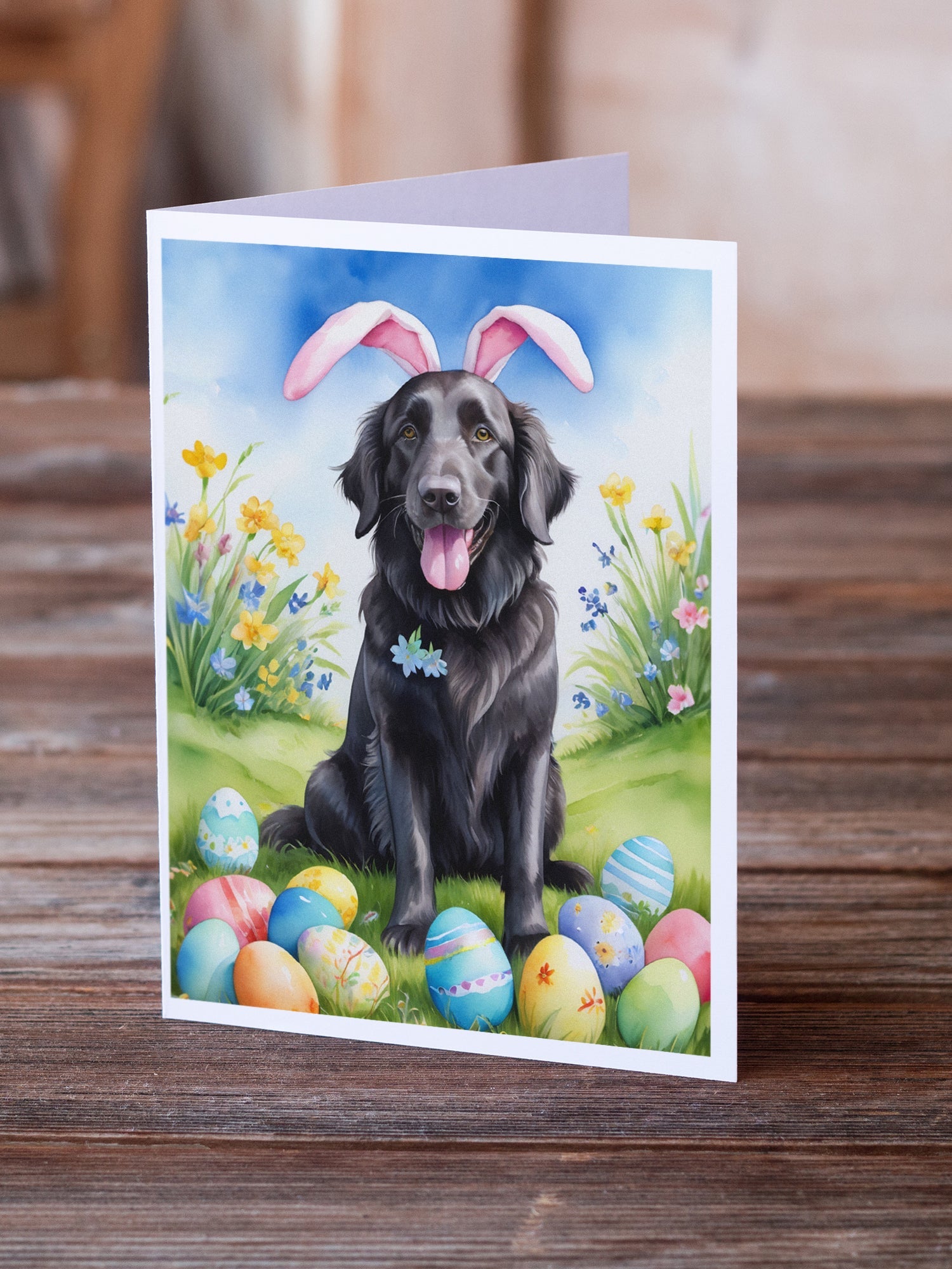 Flat-Coated Retriever Easter Egg Hunt Greeting Cards Pack of 8 Blank Cards with Envelopes Whimsical A7 Size 5x7