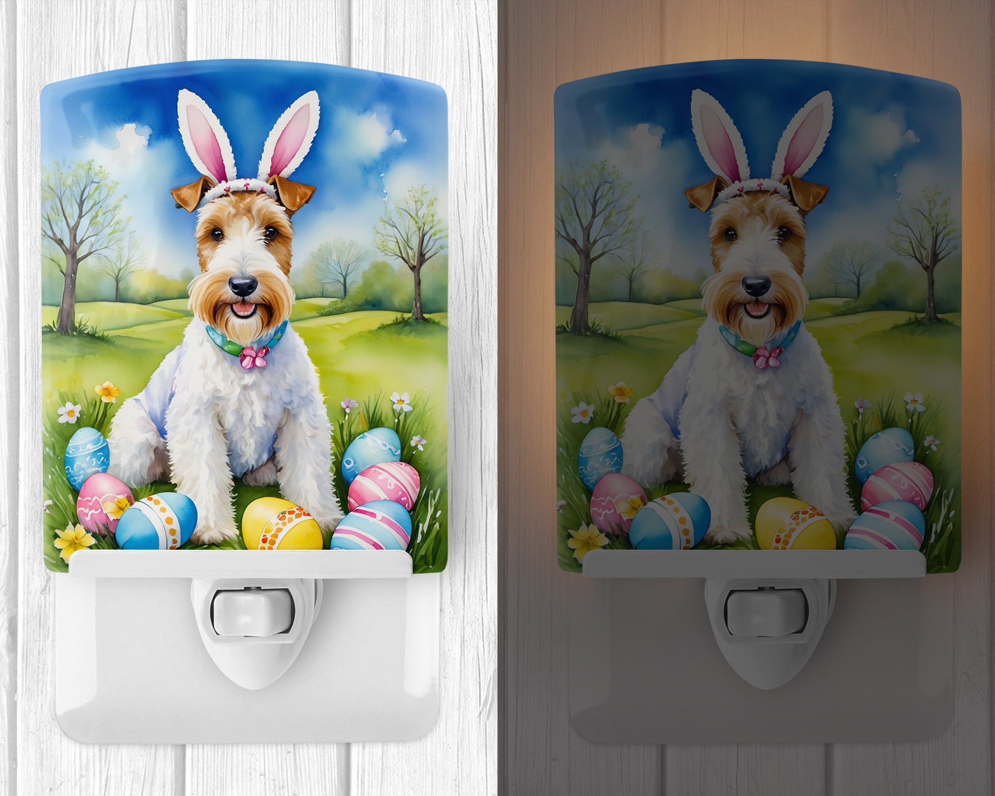 Fox Terrier Easter Egg Hunt Ceramic Night Light Compact, UL-Certified, Ideal for Bedroom, Bathroom, Nursery, Hallway, Kitchen, 6x4x3, Multicolor