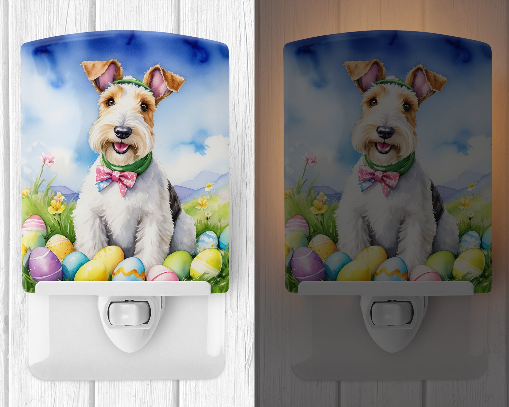 Fox Terrier Easter Egg Hunt Ceramic Night Light Compact, UL-Certified, Ideal for Bedroom, Bathroom, Nursery, Hallway, Kitchen, 6x4x3, Multicolor