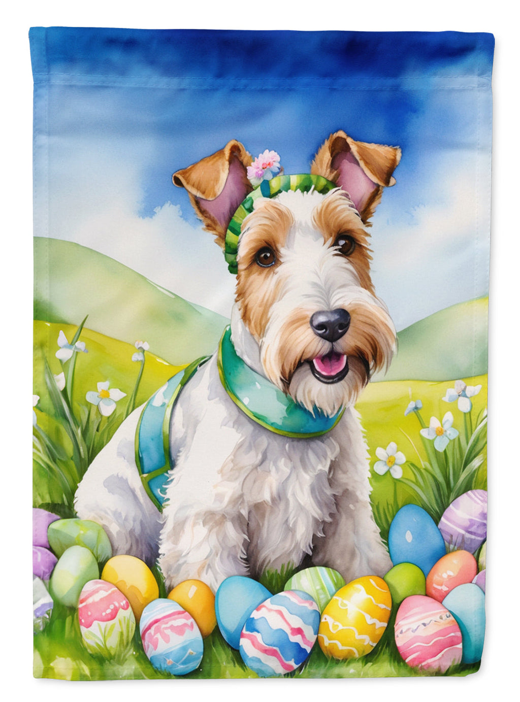Fox Terrier Easter Egg Hunt House Flag 28x40 Porch Sleeve Pole Decorative Outside Yard Banner Artwork Wall Hanging, Polyester