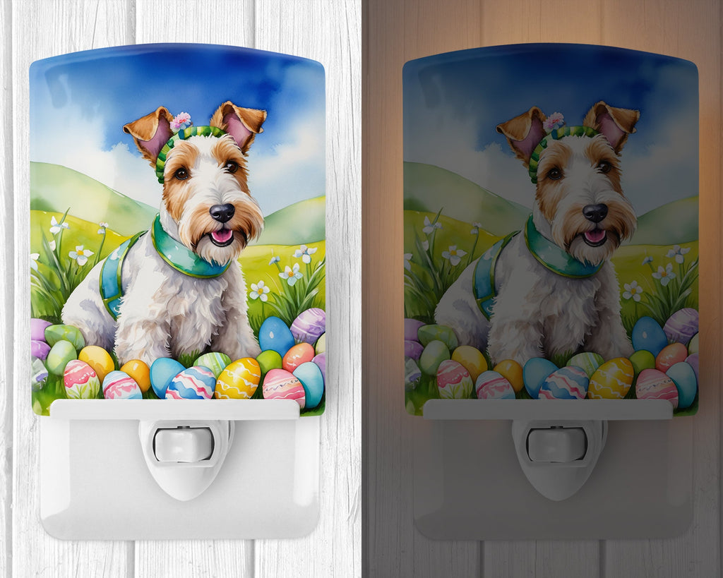 Fox Terrier Easter Egg Hunt Ceramic Night Light Compact, UL-Certified, Ideal for Bedroom, Bathroom, Nursery, Hallway, Kitchen, 6x4x3, Multicolor