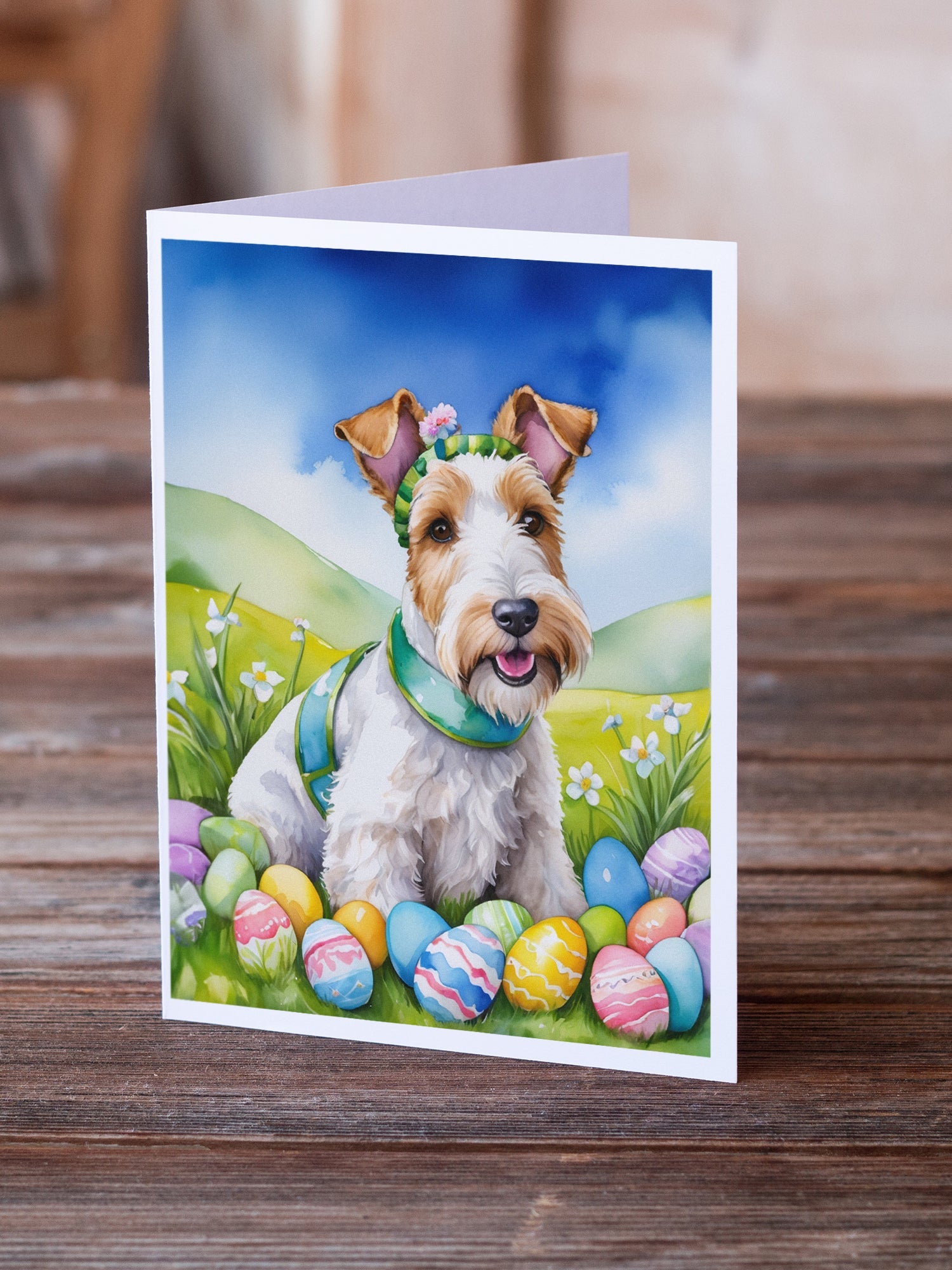 Fox Terrier Easter Egg Hunt Greeting Cards Pack of 8 Blank Cards with Envelopes Whimsical A7 Size 5x7