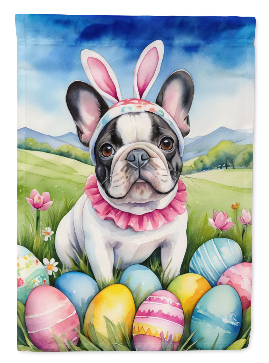 French Bulldog Easter Egg Hunt House Flag 28x40 Porch Sleeve Pole Decorative Outside Yard Banner Artwork Wall Hanging, Polyester