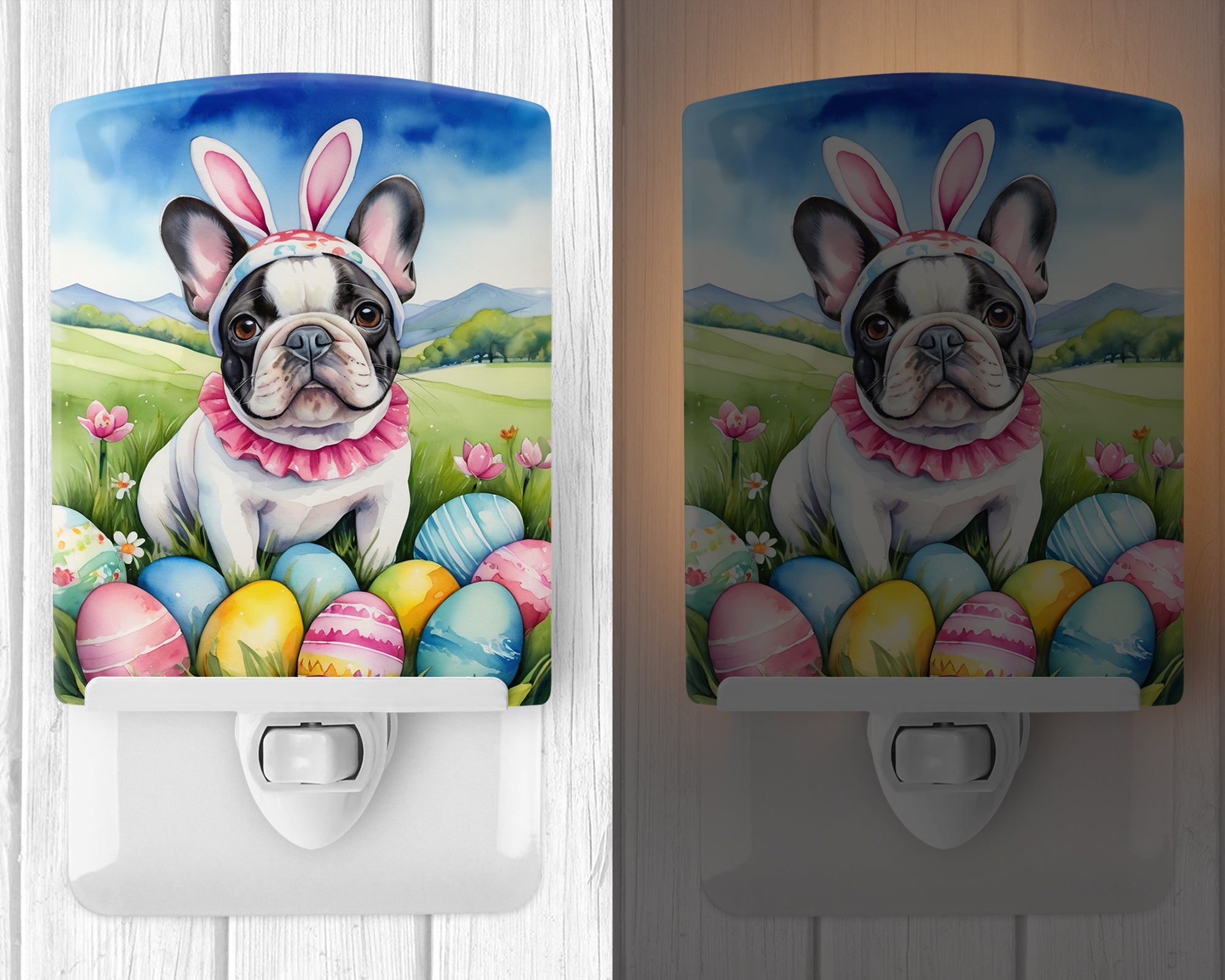 French Bulldog Easter Egg Hunt Ceramic Night Light Compact, UL-Certified, Ideal for Bedroom, Bathroom, Nursery, Hallway, Kitchen, 6x4x3, Multicolor