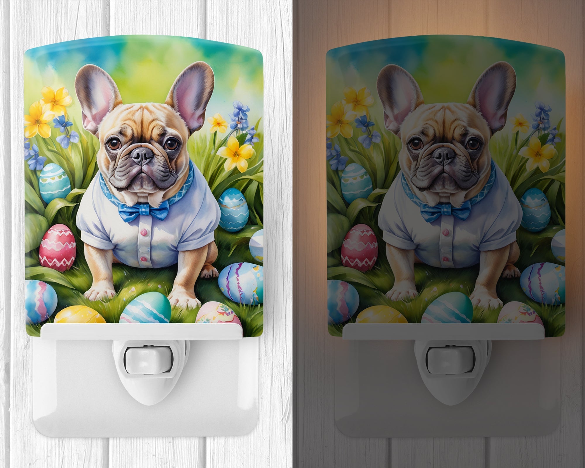 French Bulldog Easter Egg Hunt Ceramic Night Light Compact, UL-Certified, Ideal for Bedroom, Bathroom, Nursery, Hallway, Kitchen, 6x4x3, Multicolor