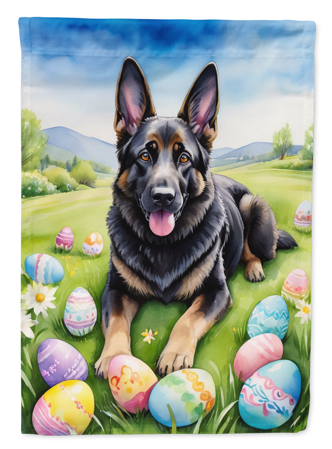 Black German Shepherd Easter Egg Hunt House Flag 28x40 Porch Sleeve Pole Decorative Outside Yard Banner Artwork Wall Hanging, Polyester