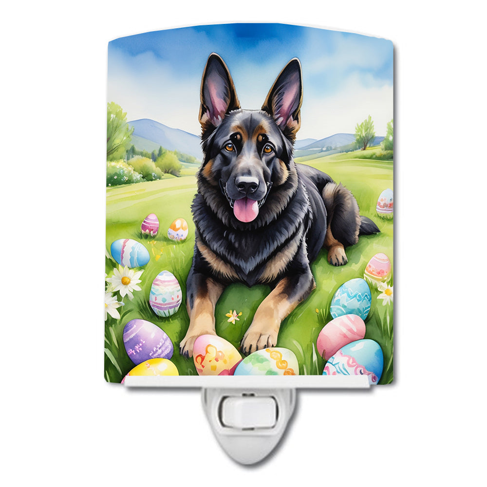 Black German Shepherd Easter Egg Hunt Ceramic Night Light Compact, UL-Certified, Ideal for Bedroom, Bathroom, Nursery, Hallway, Kitchen, 6x4x3, Multicolor