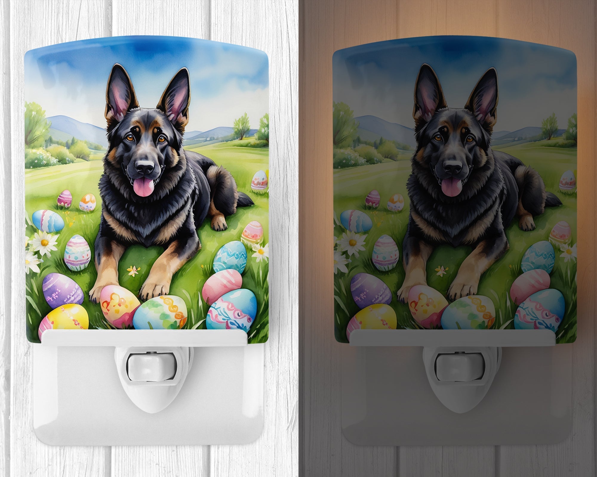 Black German Shepherd Easter Egg Hunt Ceramic Night Light Compact, UL-Certified, Ideal for Bedroom, Bathroom, Nursery, Hallway, Kitchen, 6x4x3, Multicolor