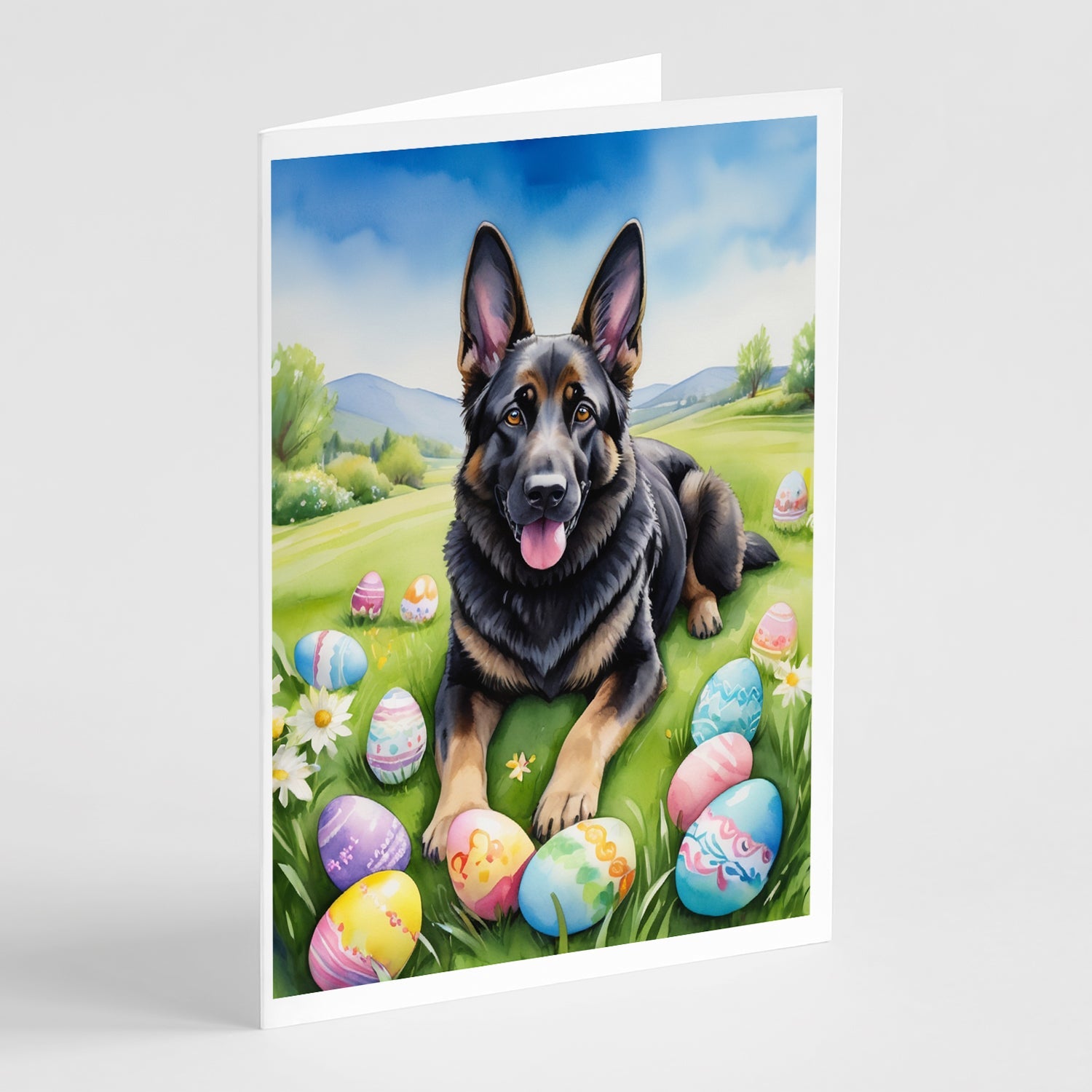 Black German Shepherd Easter Egg Hunt Greeting Cards Pack of 8 Blank Cards with Envelopes Whimsical A7 Size 5x7