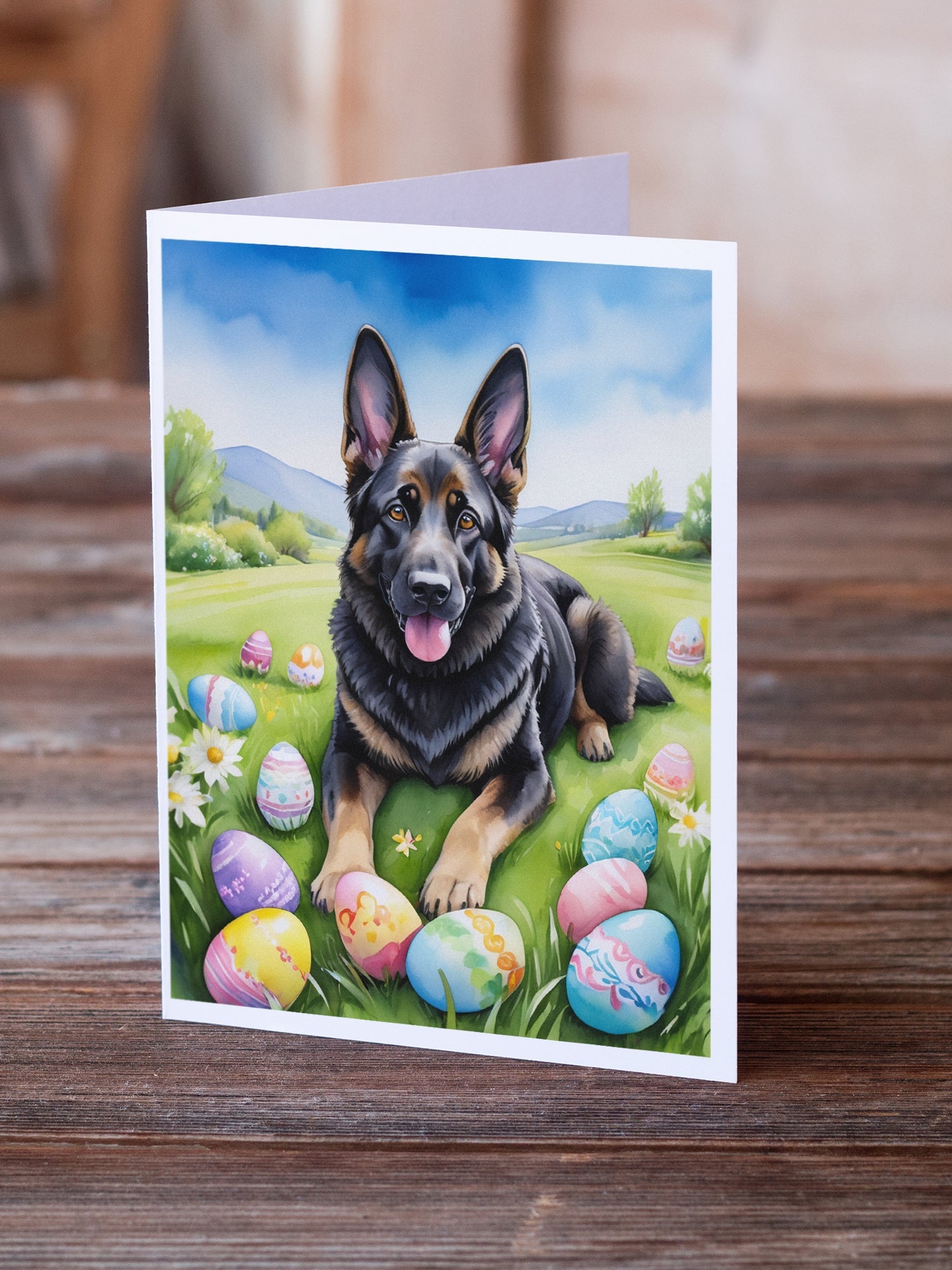 Black German Shepherd Easter Egg Hunt Greeting Cards Pack of 8 Blank Cards with Envelopes Whimsical A7 Size 5x7