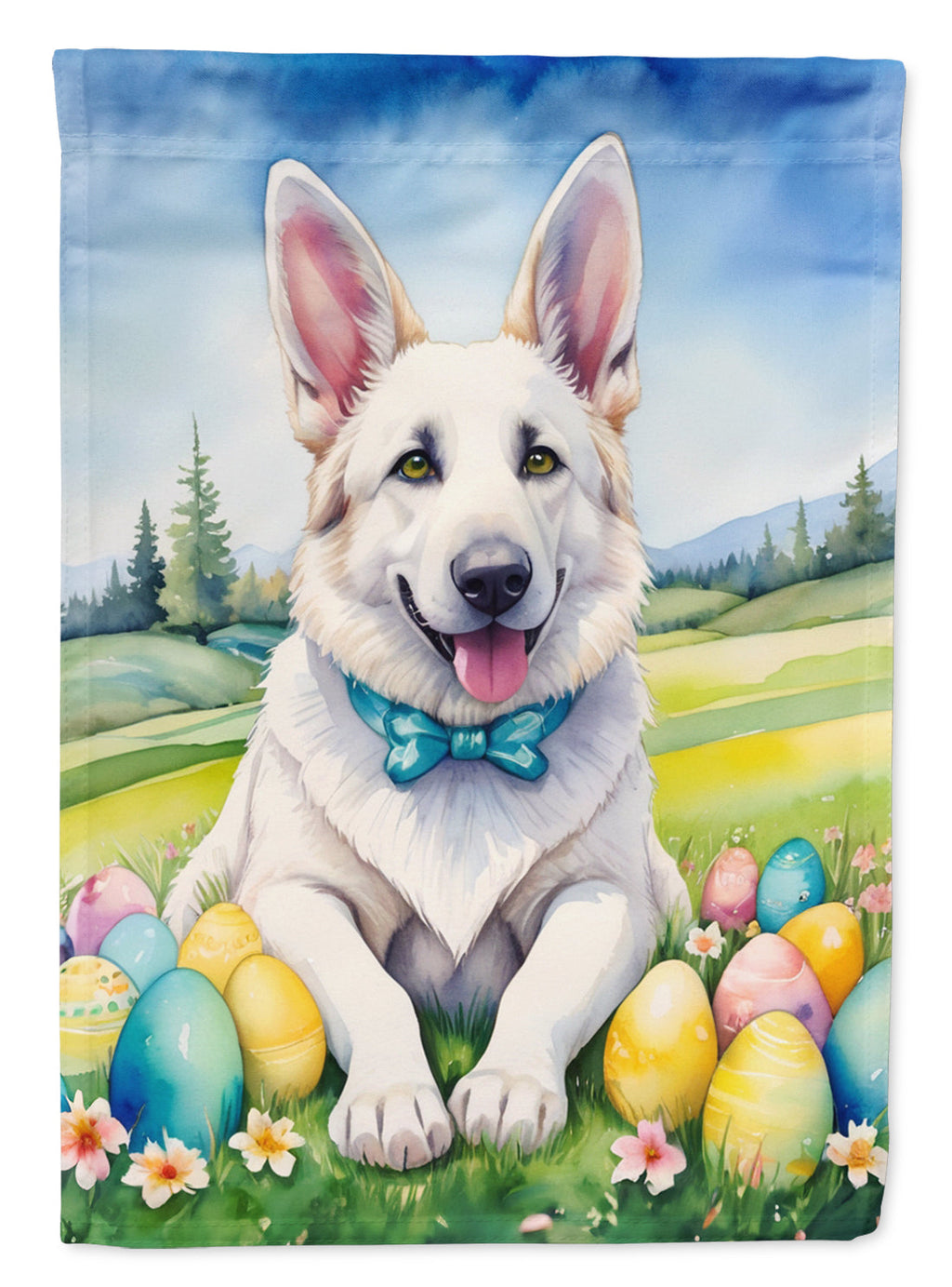 White German Shepherd Easter Egg Hunt House Flag 28x40 Porch Sleeve Pole Decorative Outside Yard Banner Artwork Wall Hanging, Polyester
