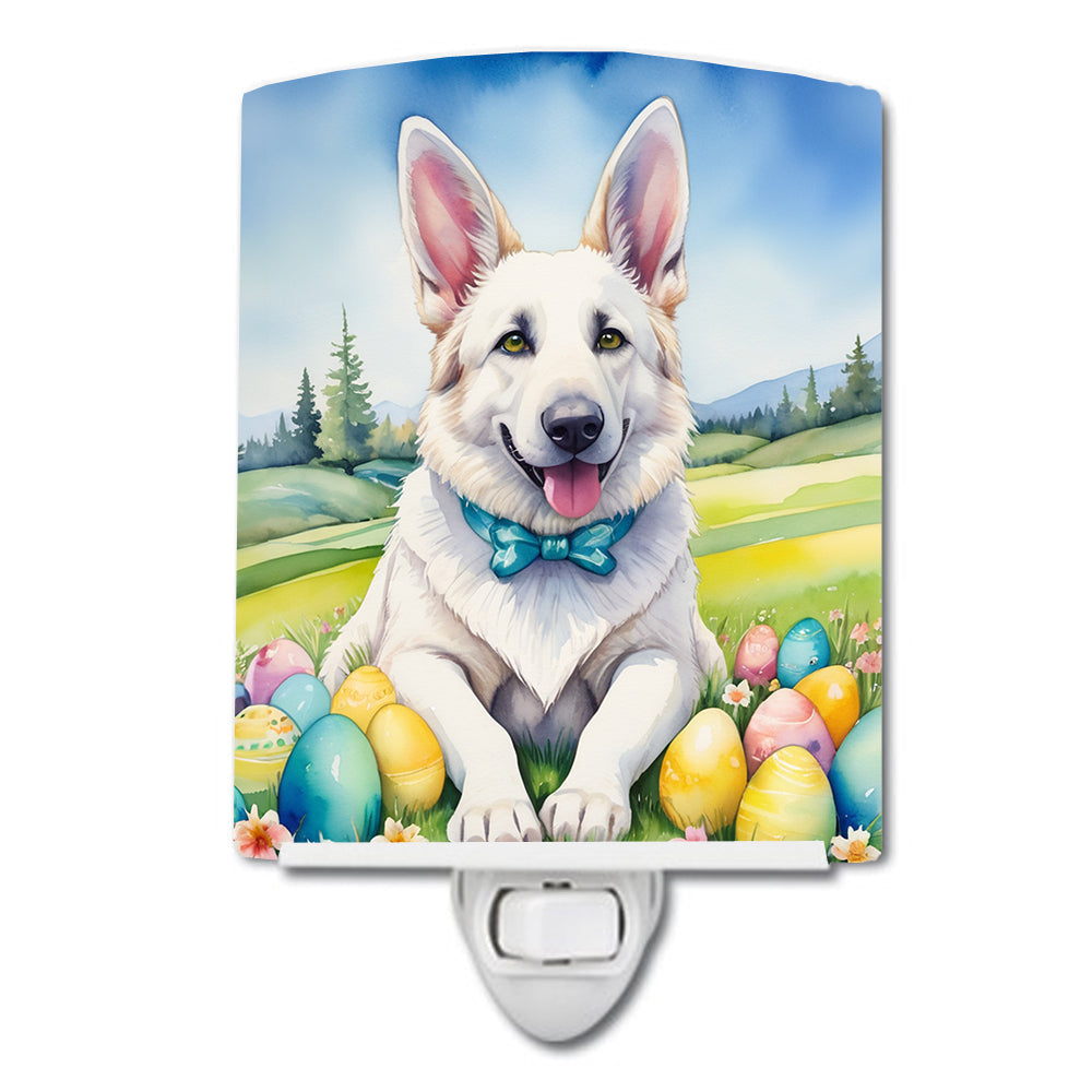 White German Shepherd Easter Egg Hunt Ceramic Night Light Compact, UL-Certified, Ideal for Bedroom, Bathroom, Nursery, Hallway, Kitchen, 6x4x3, Multicolor