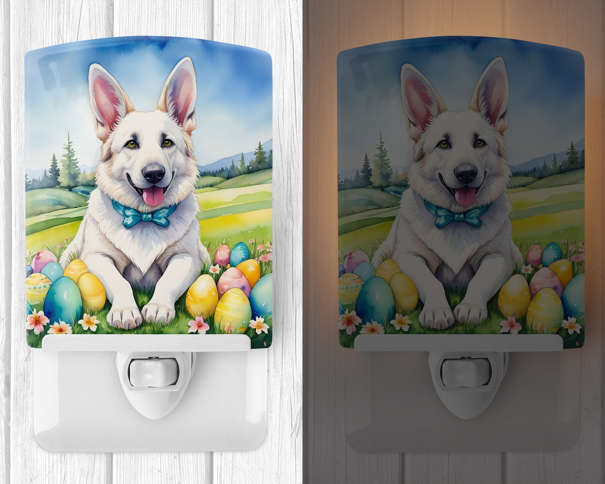 White German Shepherd Easter Egg Hunt Ceramic Night Light Compact, UL-Certified, Ideal for Bedroom, Bathroom, Nursery, Hallway, Kitchen, 6x4x3, Multicolor